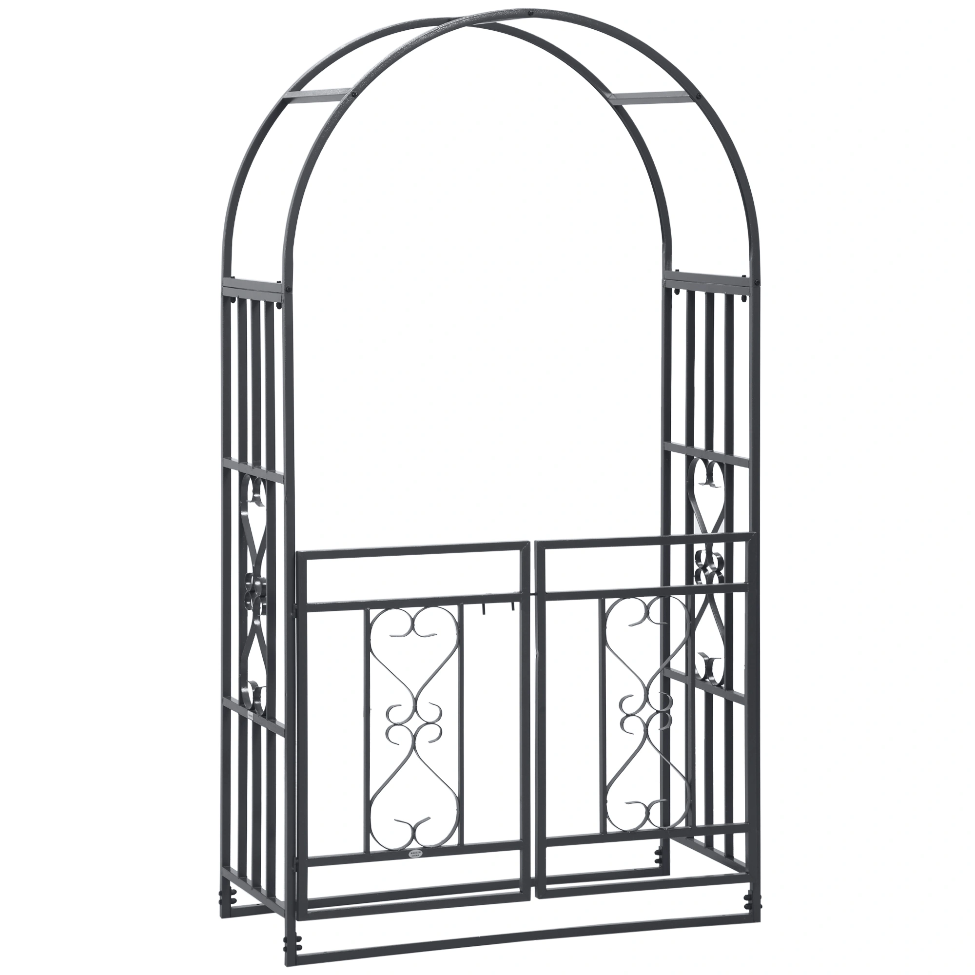 81" Grey Metal Garden Arbor with Double Doors & Locking Gate, Heart Motif Trellis for Wedding Decoration