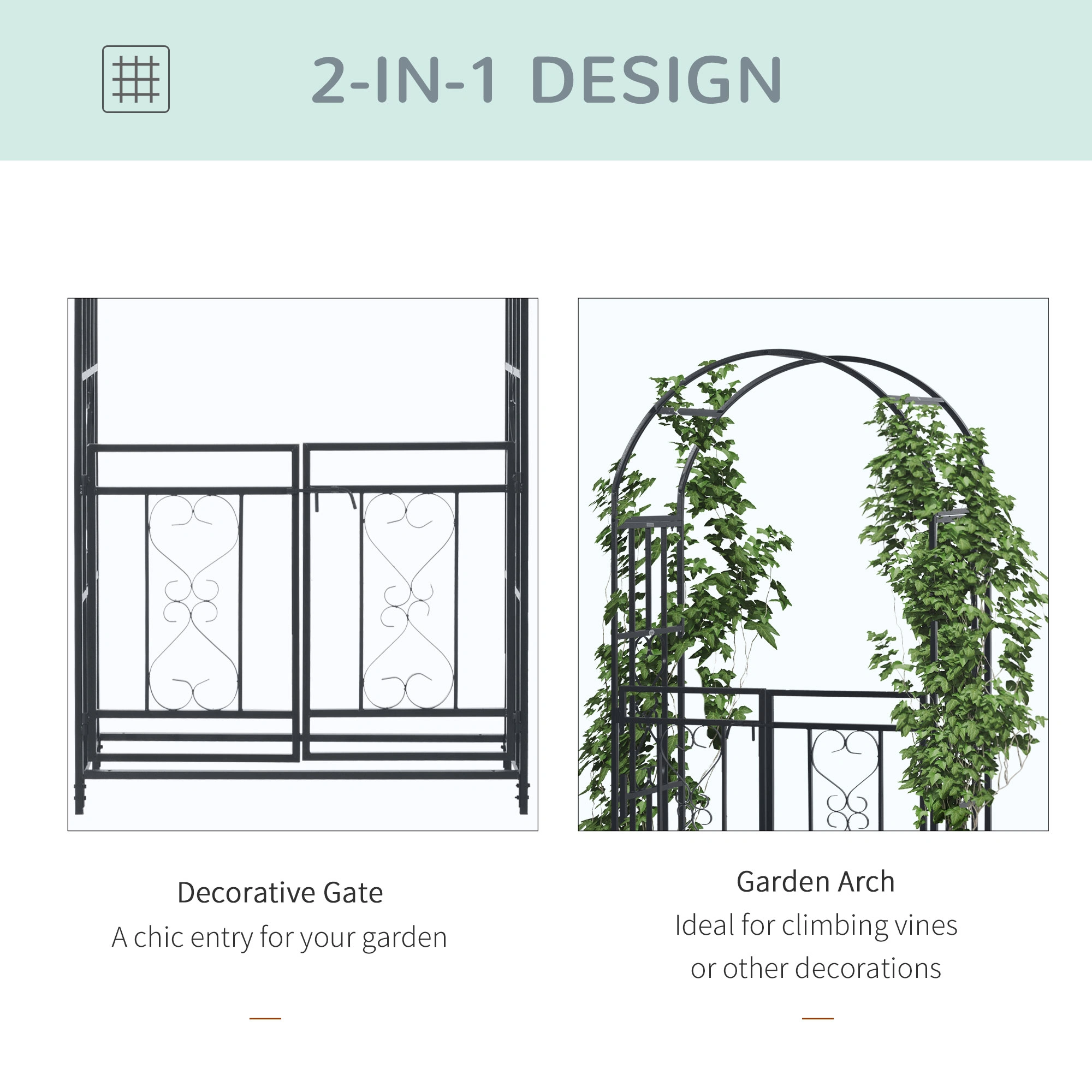 81" Grey Metal Garden Arbor with Double Doors & Locking Gate, Heart Motif Trellis Archway for Wedding Decoration view 3