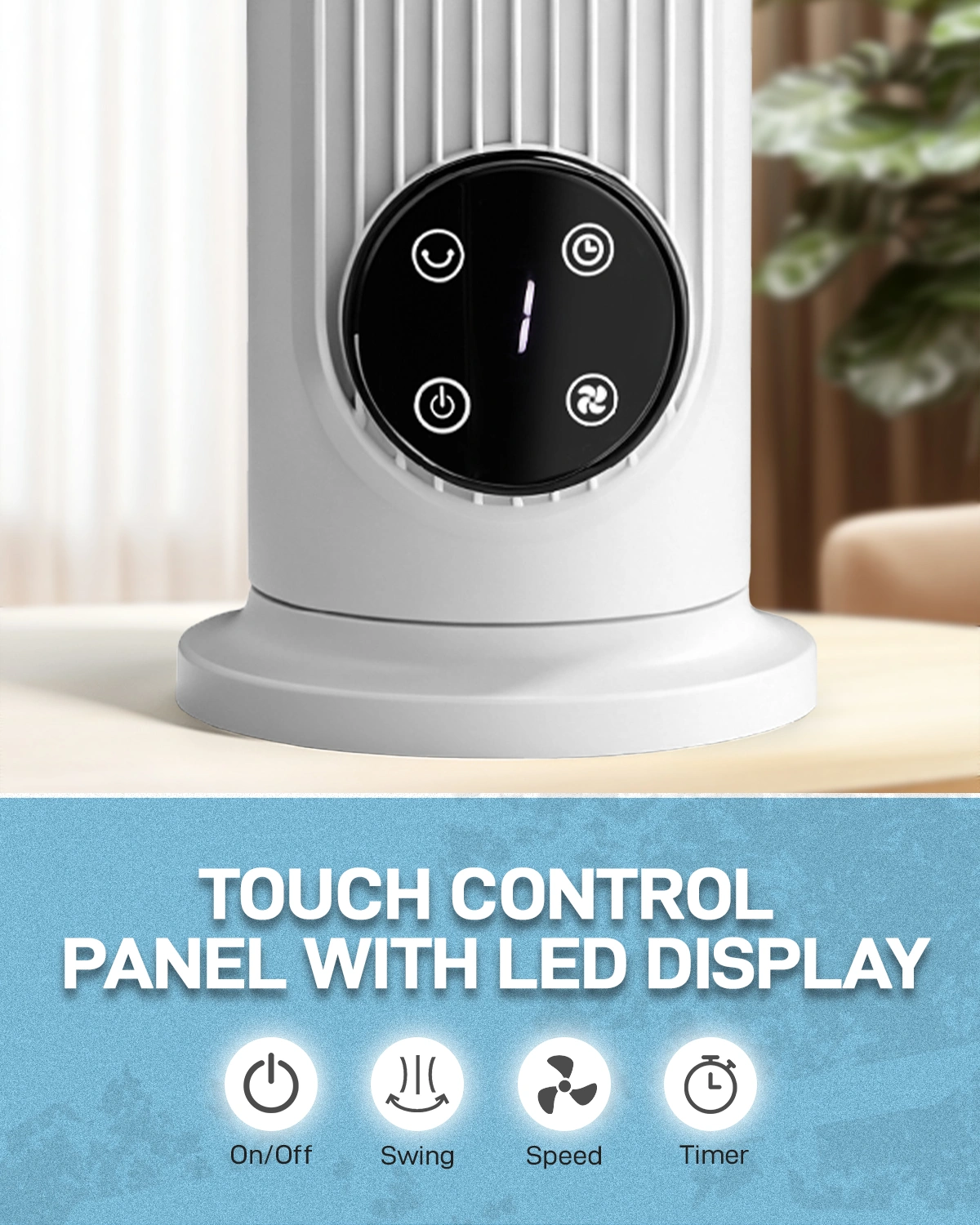 US Standard RTW-CR Tower Fan, 110V, 25W, 16 Inch Mini Column Tower Fan, Touch Control with Remote, Plastic Body, Copper Motor, White, 3 Speed, Oscillating, 9-Hour Timer, Floor & Wall Mount for Home Use view 7