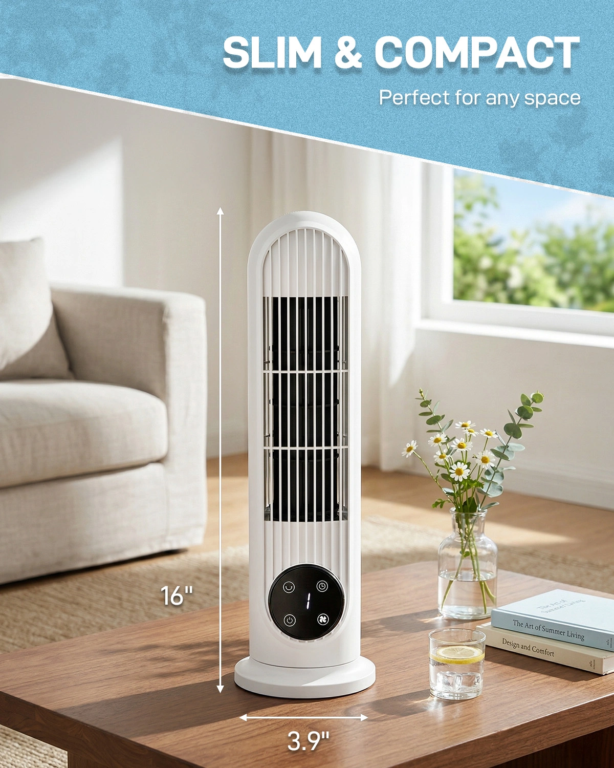 US Standard RTW-CR Tower Fan, 110V, 25W, 16 Inch Mini Column Tower Fan, Touch Control with Remote, Plastic Body, Copper Motor, White, 3 Speed, Oscillating, 9-Hour Timer, Floor & Wall Mount for Home Use view 9