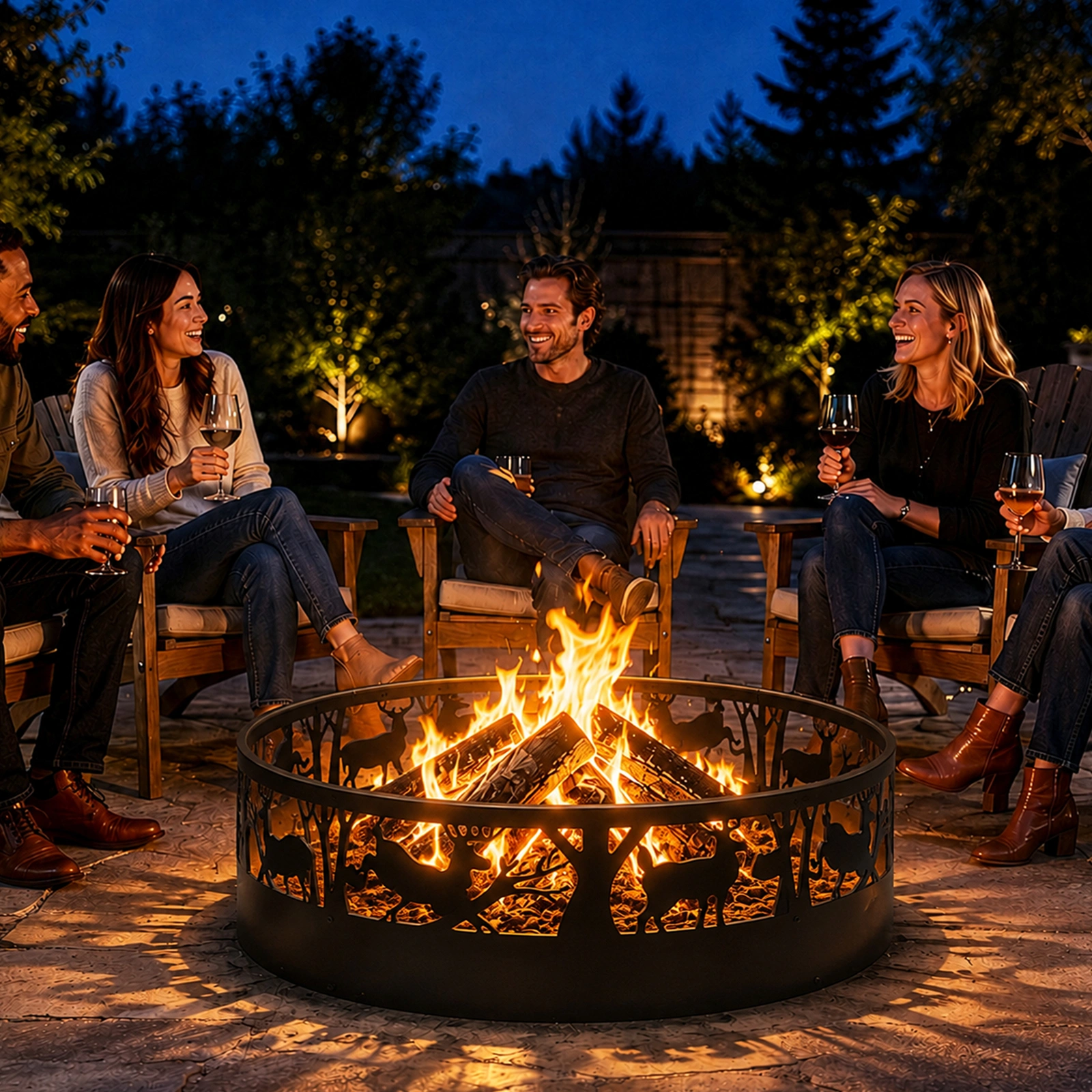 40 Inch Round Fire Ring with Elk Pattern, Heavy Duty Wrought Iron Fire Pit Ring for Outdoor Camping view 12