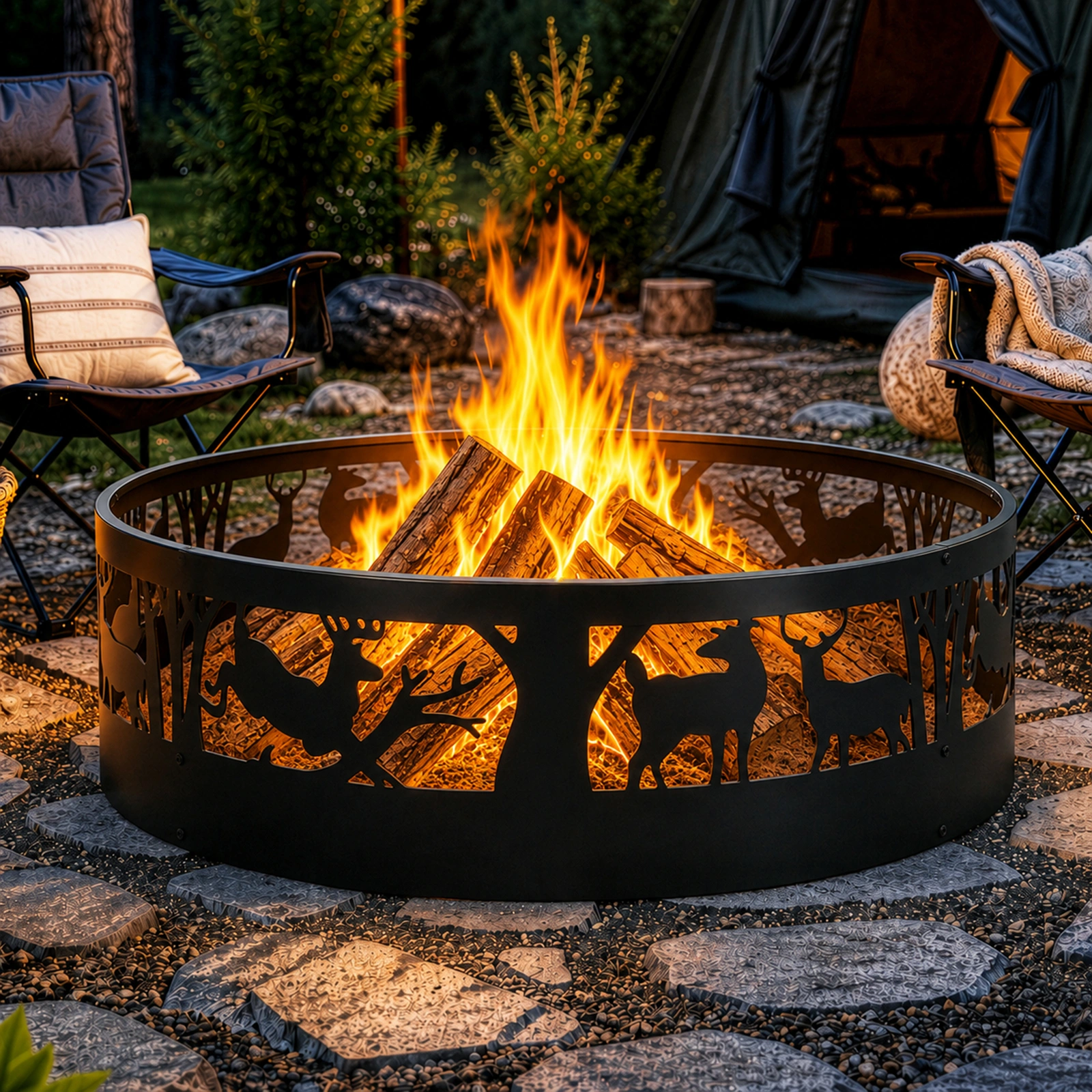 40 Inch Round Fire Ring with Elk Pattern, Heavy Duty Wrought Iron Fire Pit Ring for Outdoor Camping view 15
