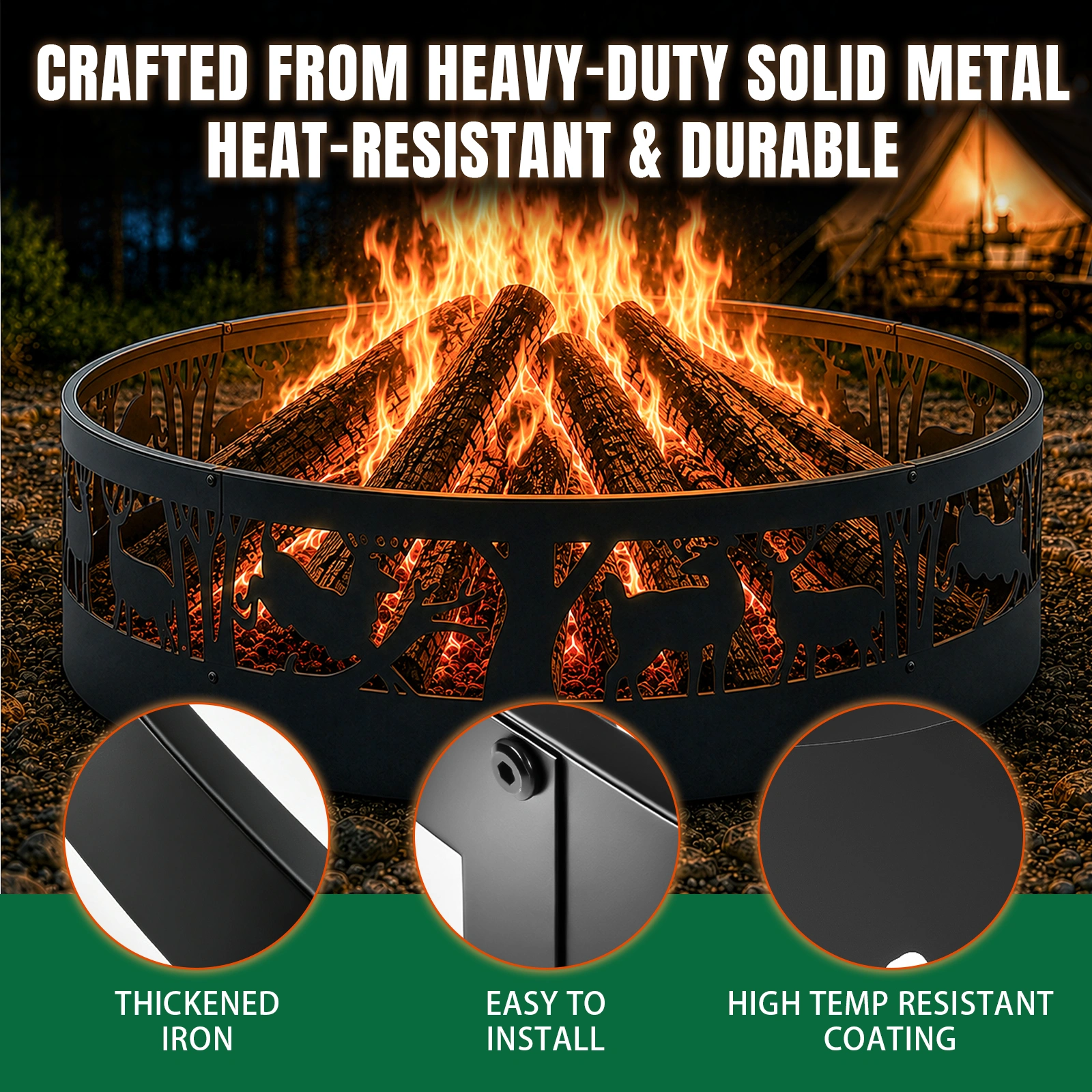 40 Inch Round Fire Ring with Elk Pattern, Heavy Duty Wrought Iron Fire Pit Ring for Outdoor Camping view 6