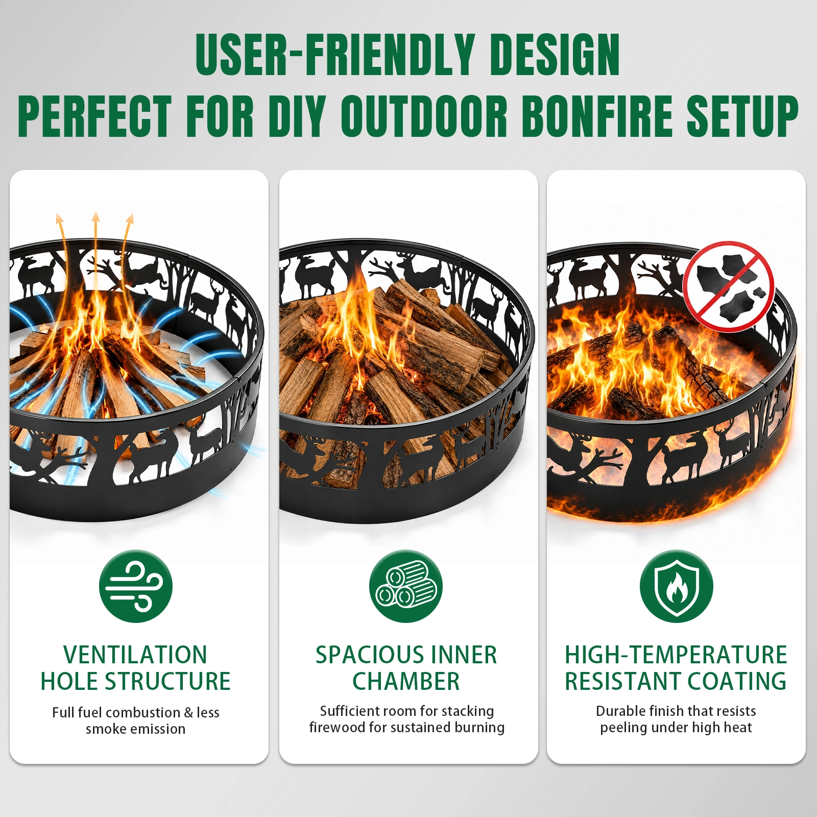 40 Inch Round Fire Ring with Elk Pattern, Heavy Duty Wrought Iron Fire Pit Ring for Outdoor Camping view 8