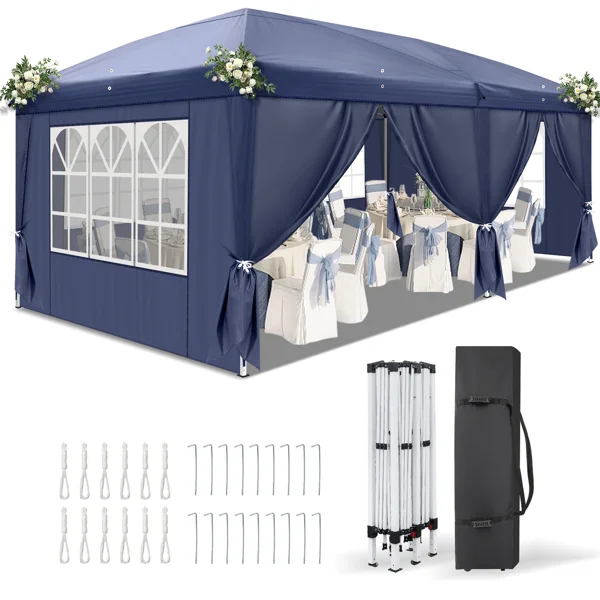 10'x20' Instant Pop Up Canopy Tent Blue, 6 Side Panels 2 Doors 4 Mesh Windows, 28/22mm Powder Coated Steel Frame, 10x20mm Crossbar, 210D Oxford Outdoor Folding Tent with Carry Bag, No Sandbags view 3