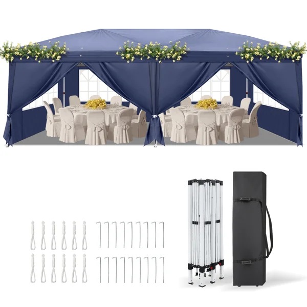 10'x20' Instant Pop Up Canopy Tent Blue, 6 Side Panels 2 Doors 4 Mesh Windows, 28/22mm Powder Coated Steel Frame, 10x20mm Crossbar, 210D Oxford Outdoor Folding Tent with Carry Bag, No Sandbags view 4