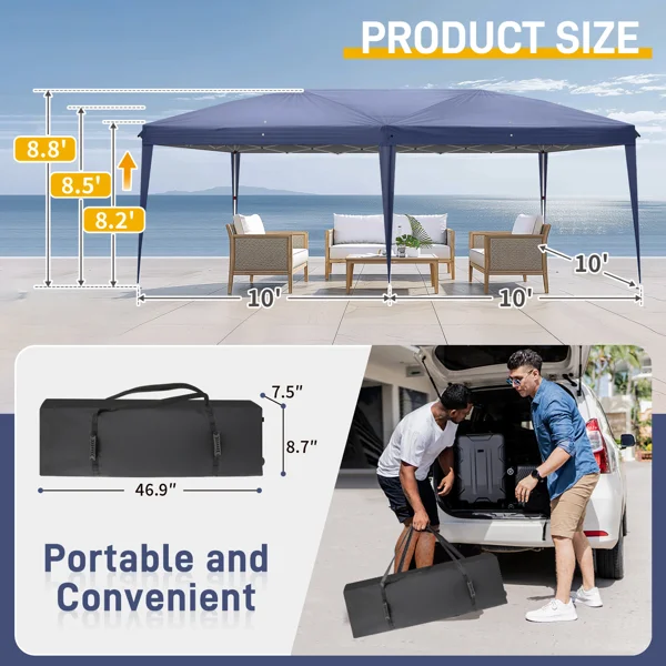 10'x20' Instant Pop Up Canopy Tent Blue, 6 Side Panels 2 Doors 4 Mesh Windows, 28/22mm Powder Coated Steel Frame, 10x20mm Crossbar, 210D Oxford Outdoor Folding Tent with Carry Bag, No Sandbags view 5