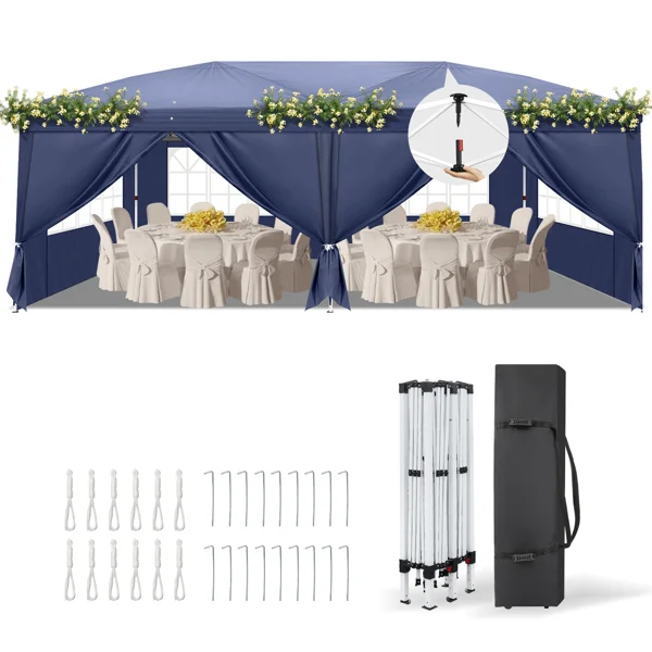 10'x20' Instant Pop Up Canopy Tent Blue, 6 Side Panels 2 Doors 4 Mesh Windows, 28/22mm Powder Coated Steel Frame, 10x20mm Crossbar, 210D Oxford Outdoor Folding Tent with Carry Bag, No Sandbags
