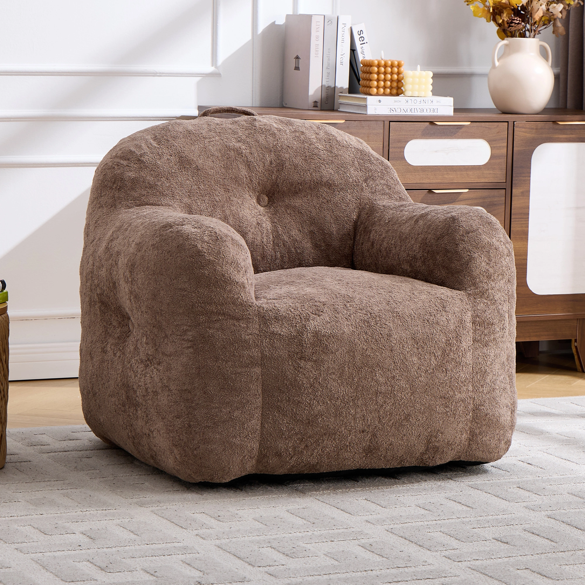 Faux Fur Bean Bag Chair with Armrests,Shredded Sponge Filler,Comfy Sofa for Living Room Bedroom No Assembly Required Khaki