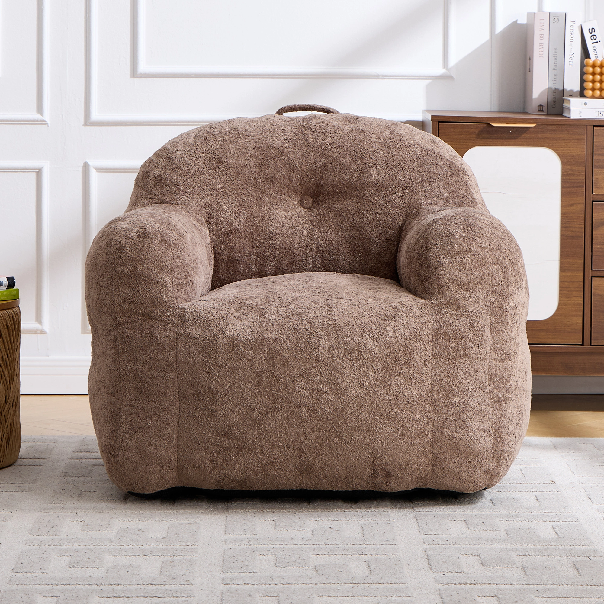 Faux Fur Bean Bag Chair with Armrests,Shredded Sponge Filler,Comfy Sofa for Living Room Bedroom No Assembly Required Khaki view 2