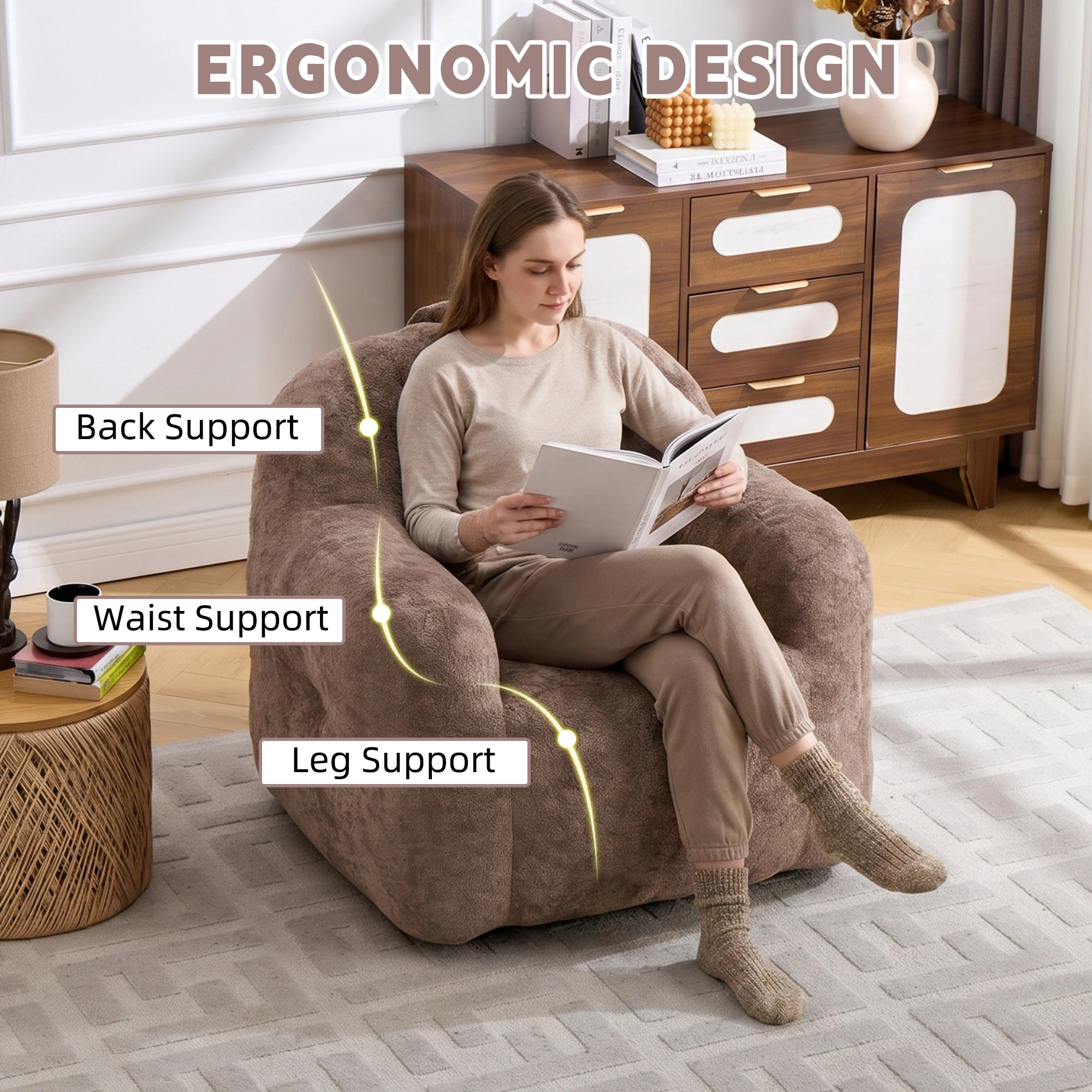 Faux Fur Bean Bag Chair with Armrests,Shredded Sponge Filler,Comfy Sofa for Living Room Bedroom No Assembly Required Khaki view 5
