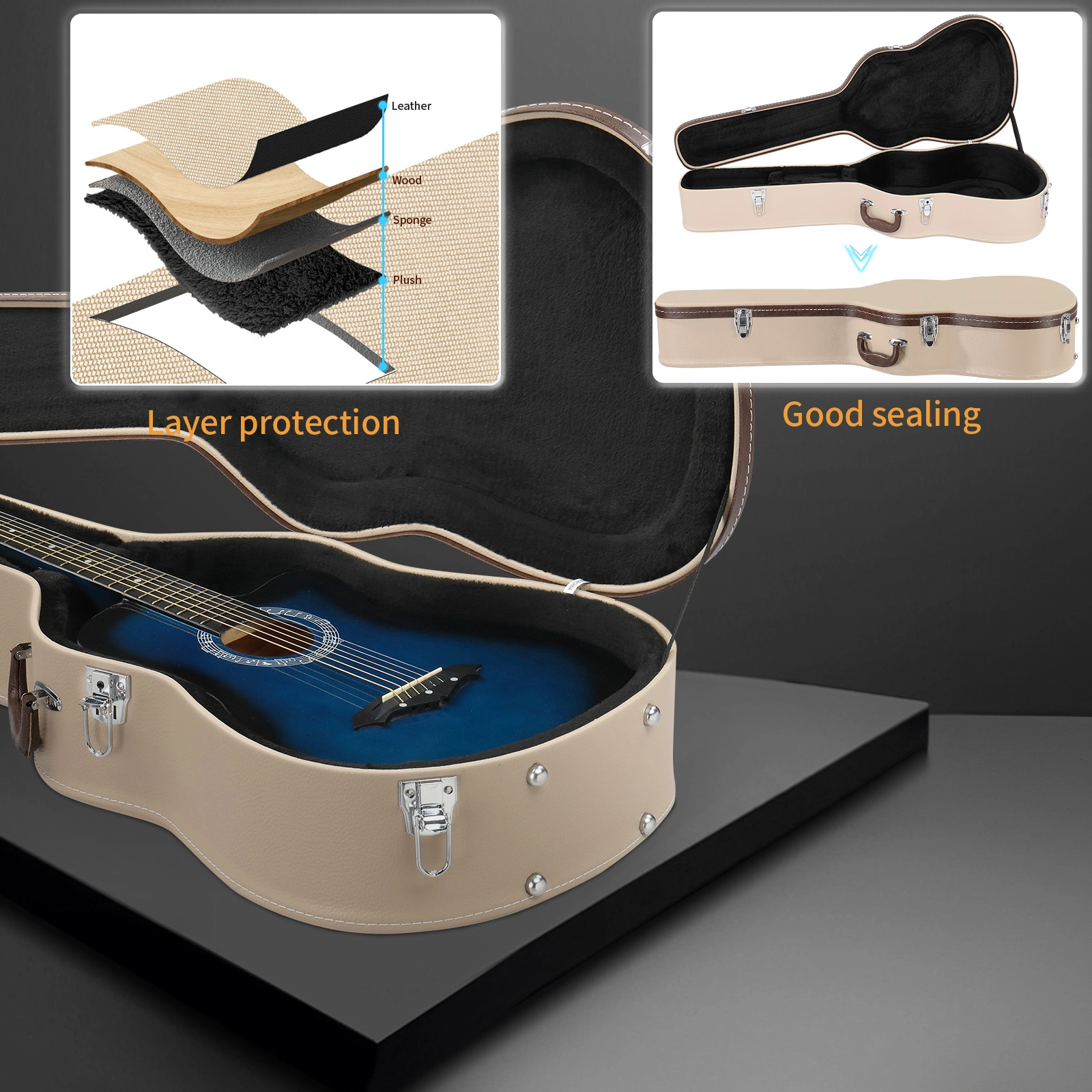 41" Microgroove Folk Guitar Hardshell Case, Fits Most Acoustic Guitars, Flat Beige view 10