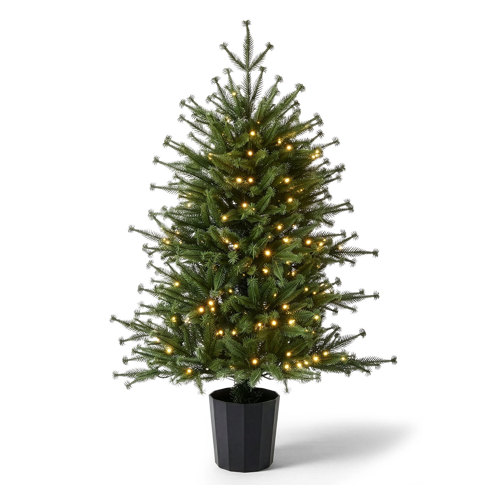 3FT Artificial Christmas Tree Pre-Lit, Green PE Mini Xmas Tree, 80 Warm White LED Lights 8 Modes, 100 Branch Tips, Black Round Pot Base, Battery Operated