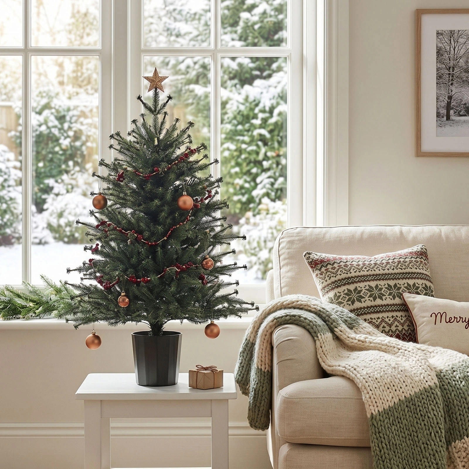 3FT Artificial Christmas Tree Pre-Lit, Green PE Mini Xmas Tree, 80 Warm White LED Lights 8 Modes, 100 Branch Tips, Black Round Pot Base, Battery Operated view 10