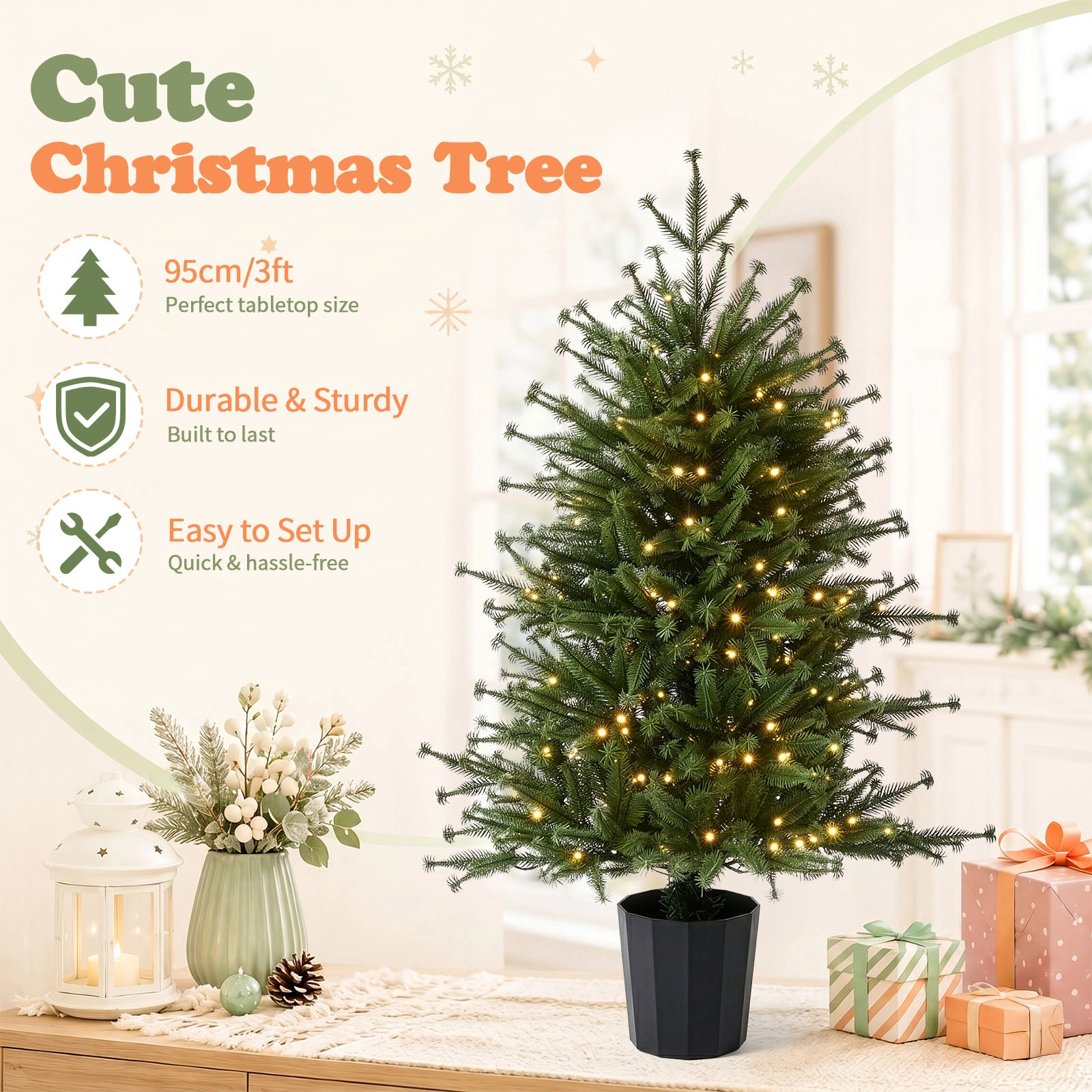 3FT Artificial Christmas Tree Pre-Lit, Green PE Mini Xmas Tree, 80 Warm White LED Lights 8 Modes, 100 Branch Tips, Black Round Pot Base, Battery Operated view 3