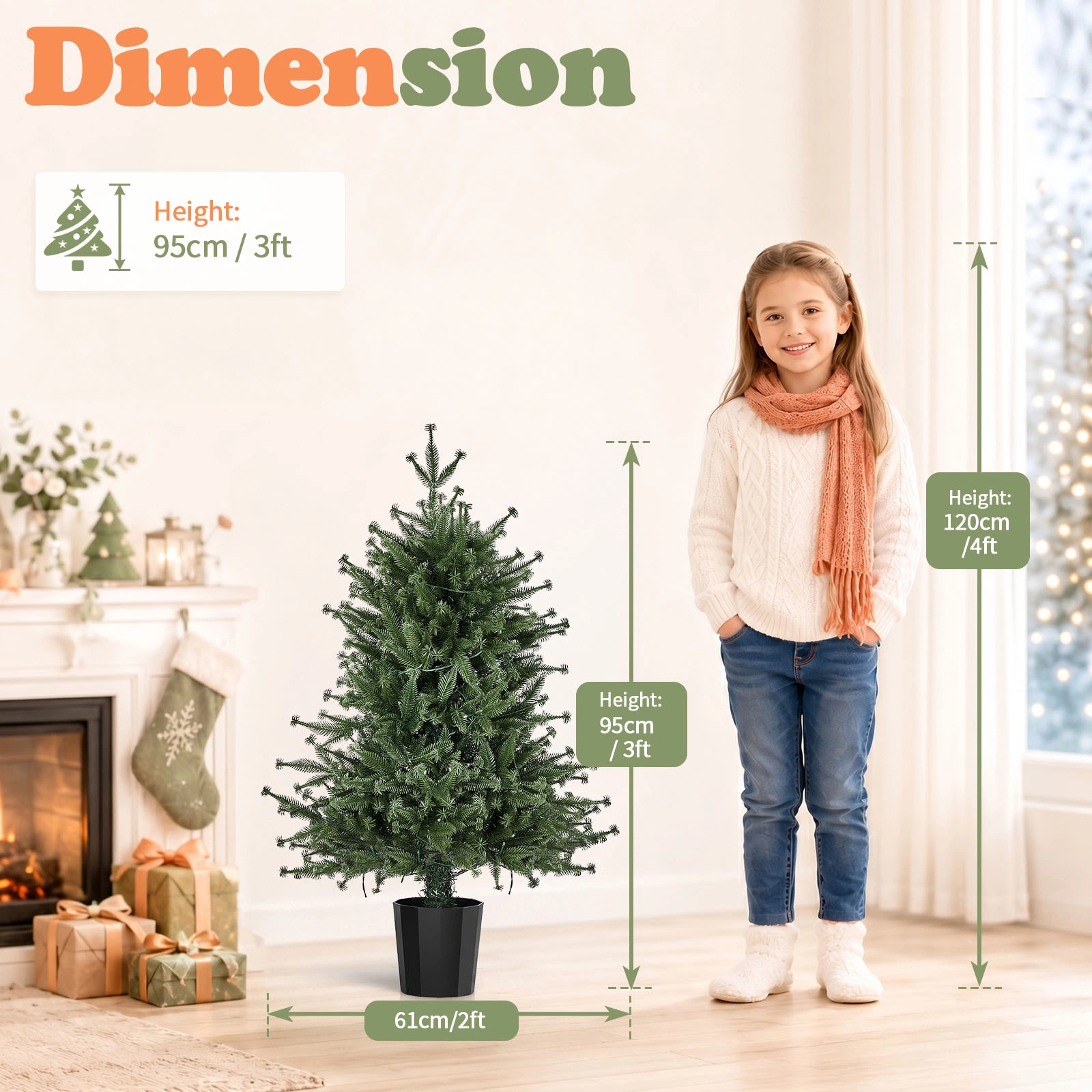 3FT Artificial Christmas Tree Pre-Lit, Green PE Mini Xmas Tree, 80 Warm White LED Lights 8 Modes, 100 Branch Tips, Black Round Pot Base, Battery Operated view 5