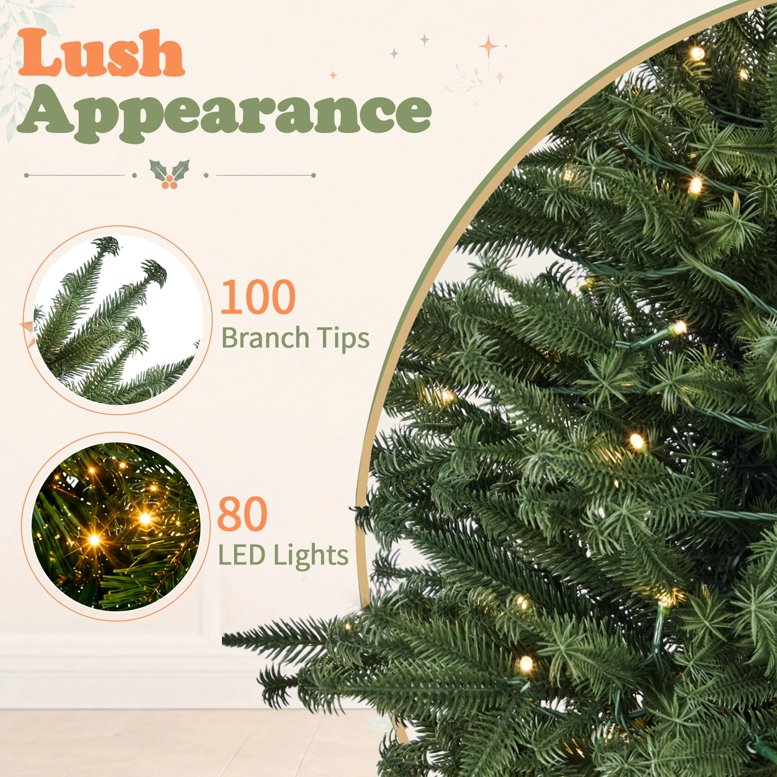 3FT Artificial Christmas Tree Pre-Lit, Green PE Mini Xmas Tree, 80 Warm White LED Lights 8 Modes, 100 Branch Tips, Black Round Pot Base, Battery Operated view 7