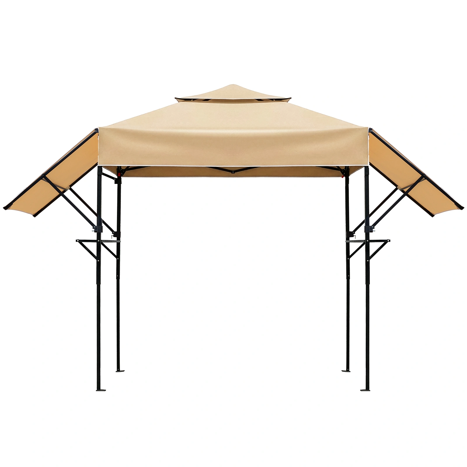 3.3x12.5FT Double Top Grill Gazebo, Khaki Polyester BBQ Canopy with Adjustable Side Sunshades, Black Powder Coated Folding Frame, Dual Mesh Trays & Carry Bag