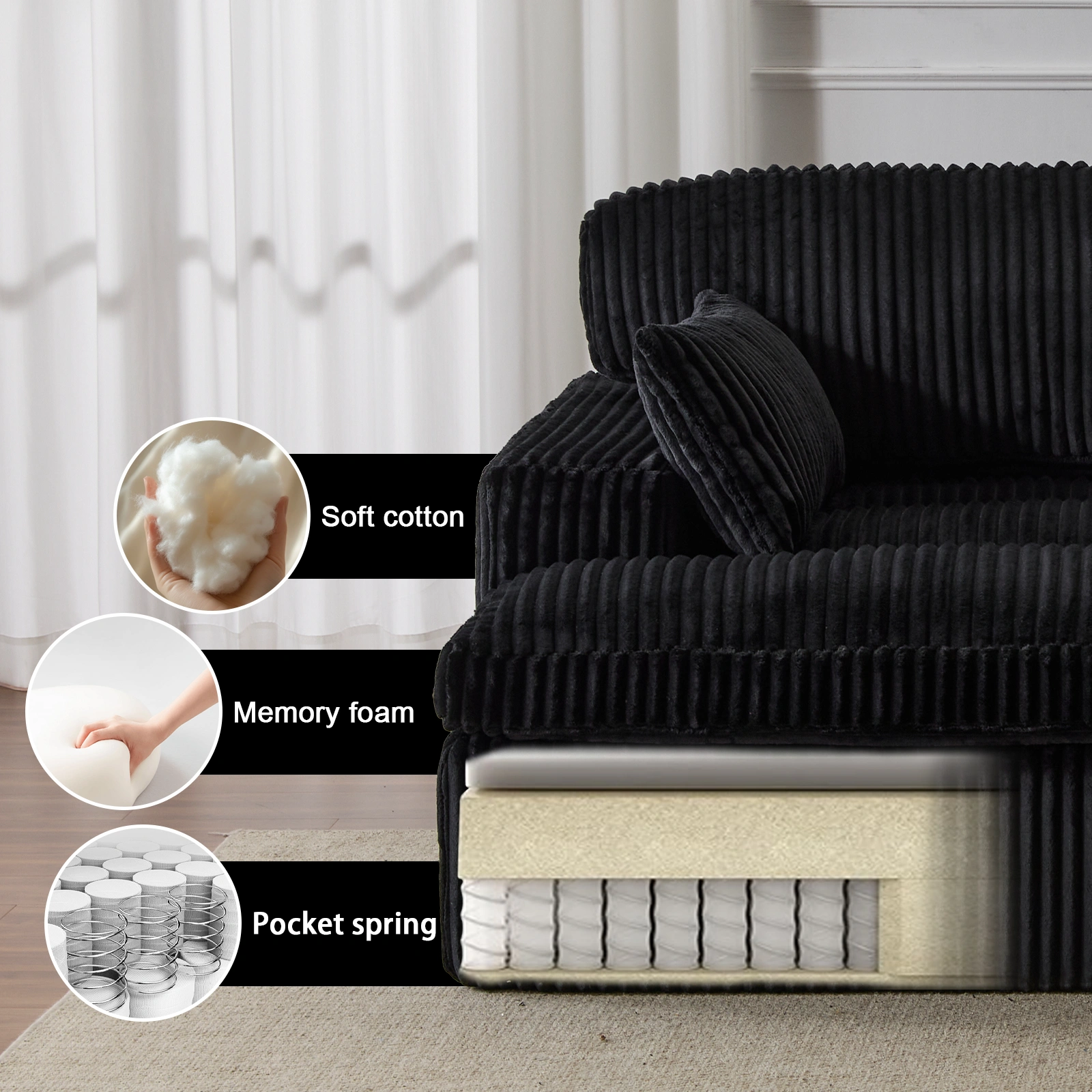 Double Chaise Lounge Chair Indoor, Oversized Upholstered Sleeper Cloud Couch, Deep Seat Luxury Sofa Bed, Sectional Chaise Loveseat, Corduroy Reading Chair for Living Room, Black, No Assembly view 20