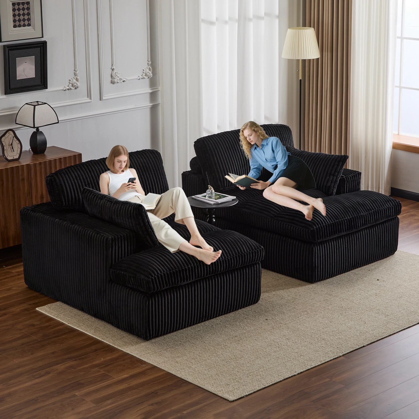 Double Chaise Lounge Chair Indoor, Oversized Upholstered Sleeper Cloud Couch, Deep Seat Luxury Sofa Bed, Sectional Chaise Loveseat, Corduroy Reading Chair for Living Room, Black, No Assembly view 24