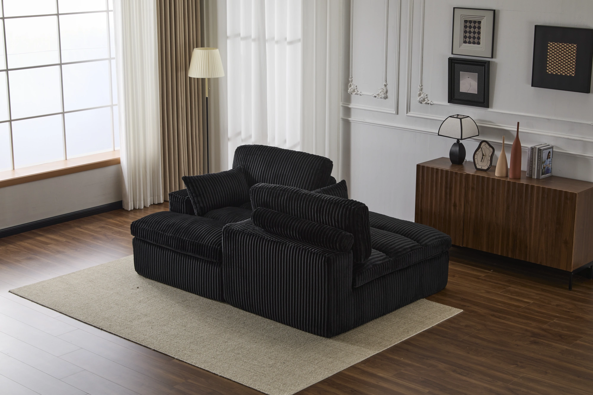 Double Chaise Lounge Chair Indoor, Oversized Upholstered Sleeper Cloud Couch, Deep Seat Luxury Sofa Bed, Sectional Chaise Loveseat, Corduroy Reading Chair for Living Room, Black, No Assembly view 3