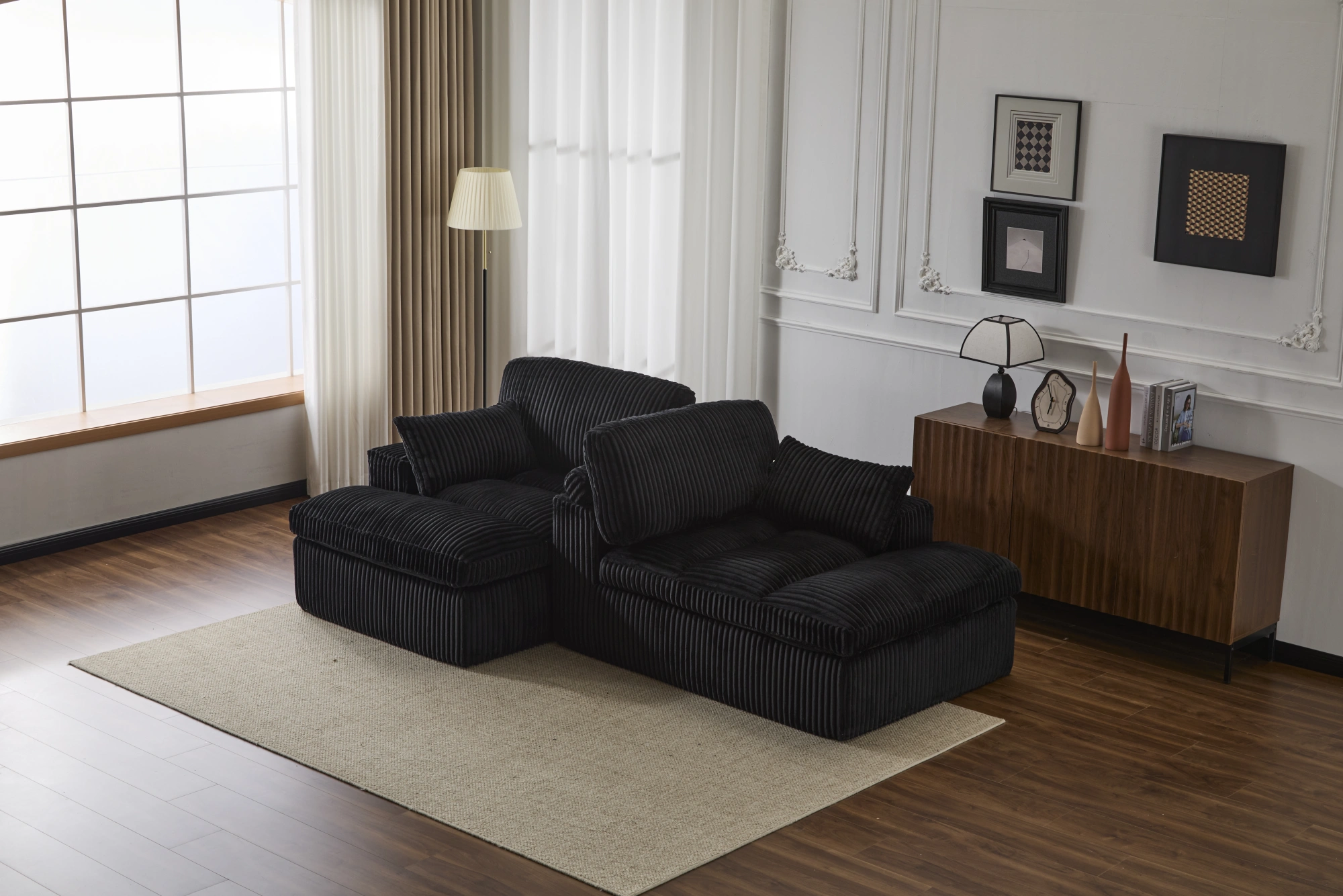 Double Chaise Lounge Chair Indoor, Oversized Upholstered Sleeper Cloud Couch, Deep Seat Luxury Sofa Bed, Sectional Chaise Loveseat, Corduroy Reading Chair for Living Room, Black, No Assembly view 4