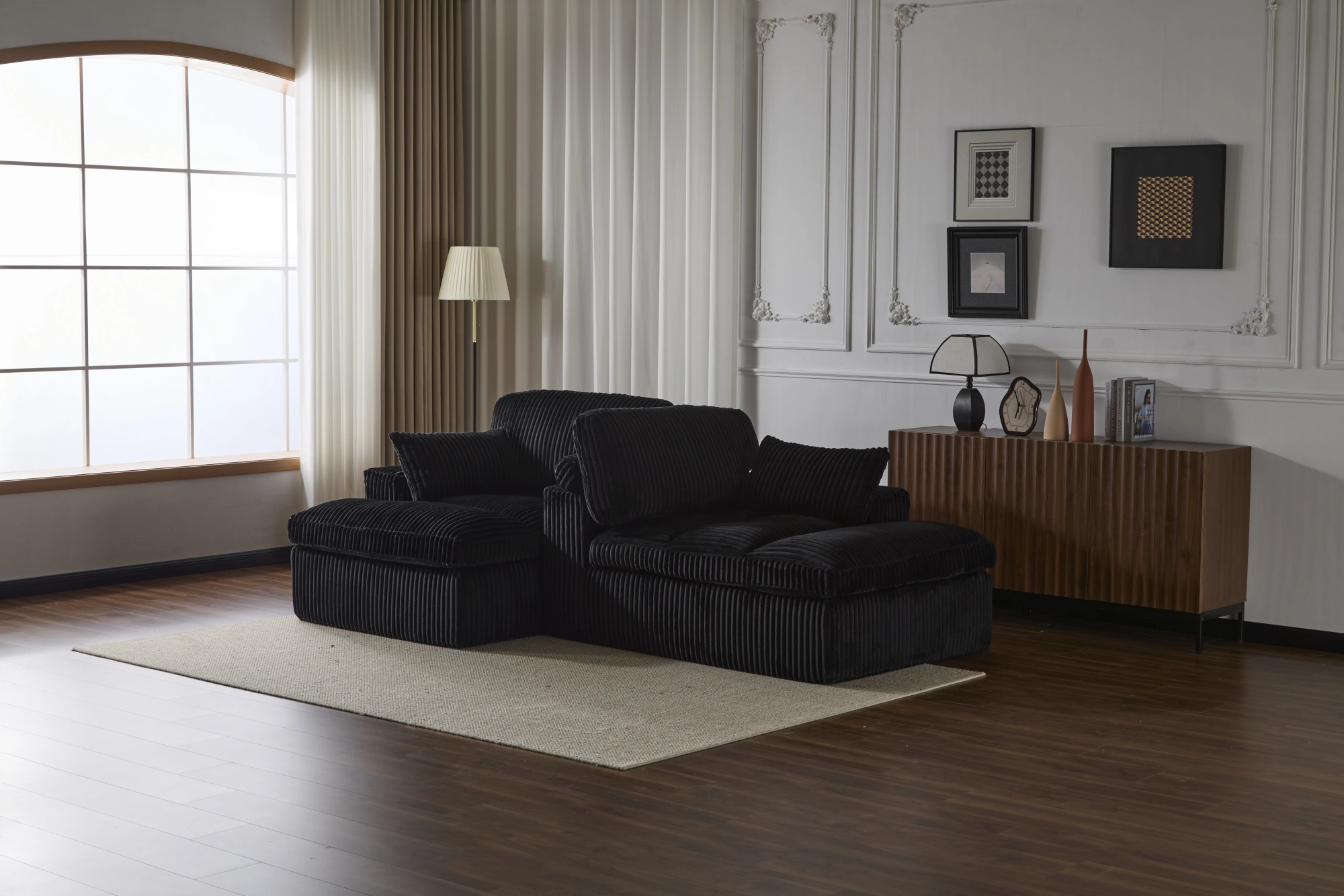 Double Chaise Lounge Chair Indoor, Oversized Upholstered Sleeper Cloud Couch, Deep Seat Luxury Sofa Bed, Sectional Chaise Loveseat, Corduroy Reading Chair for Living Room, Black, No Assembly view 5