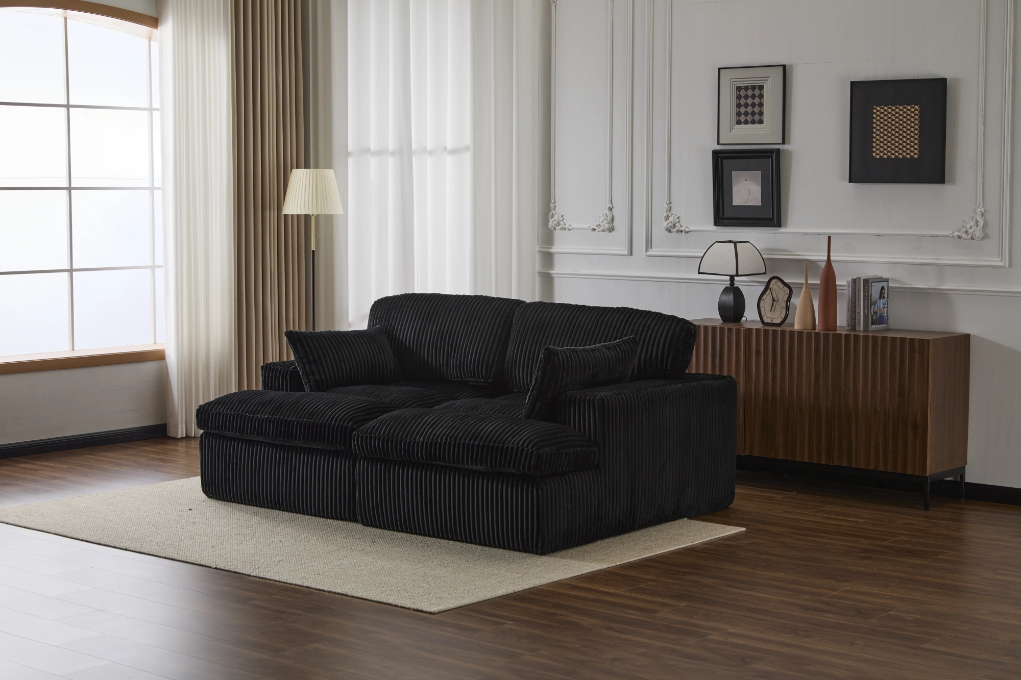 Double Chaise Lounge Chair Indoor, Oversized Upholstered Sleeper Cloud Couch, Deep Seat Luxury Sofa Bed, Sectional Chaise Loveseat, Corduroy Reading Chair for Living Room, Black, No Assembly view 6
