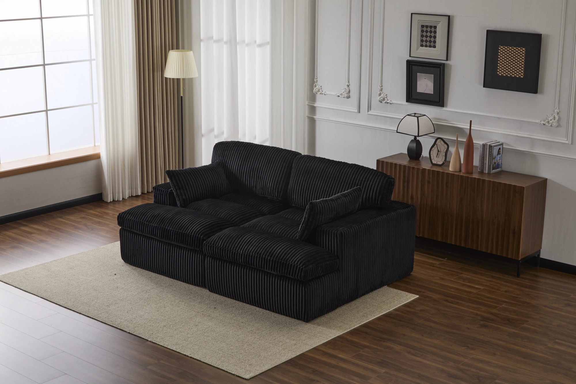 Double Chaise Lounge Chair Indoor, Oversized Upholstered Sleeper Cloud Couch, Deep Seat Luxury Sofa Bed, Sectional Chaise Loveseat, Corduroy Reading Chair for Living Room, Black, No Assembly view 8