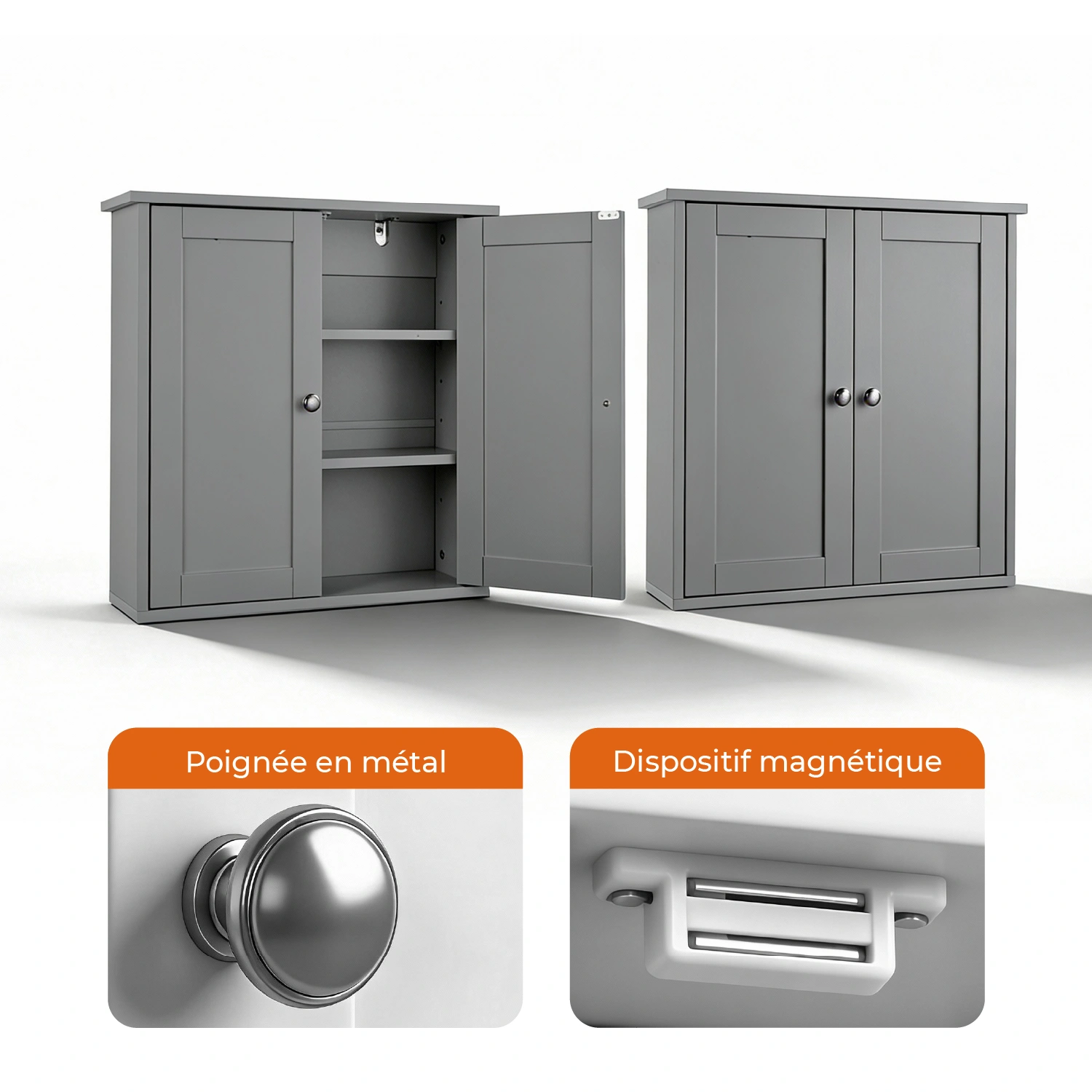 Gray E1 MDF Painted Bathroom Vanity Cabinet, 60x18x60cm, Double Doors, 2 Shelves view 3