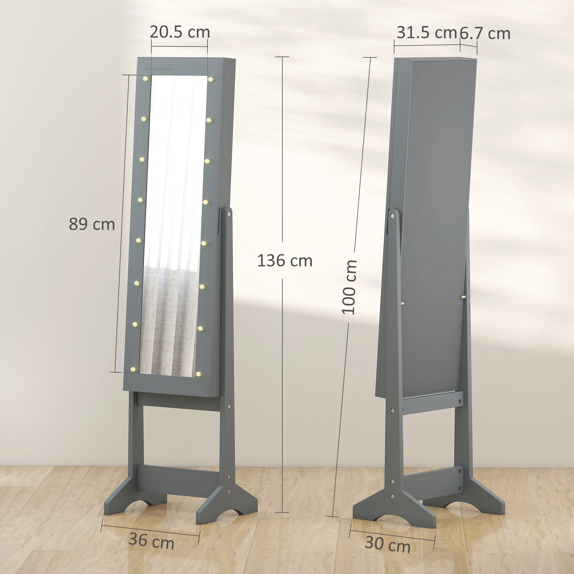 Freestanding Mirrored Jewellery Storage Cabinet - Tall Armoire Wardrobe with Mirror Doors, LED Lights & Necklace Hooks view 2