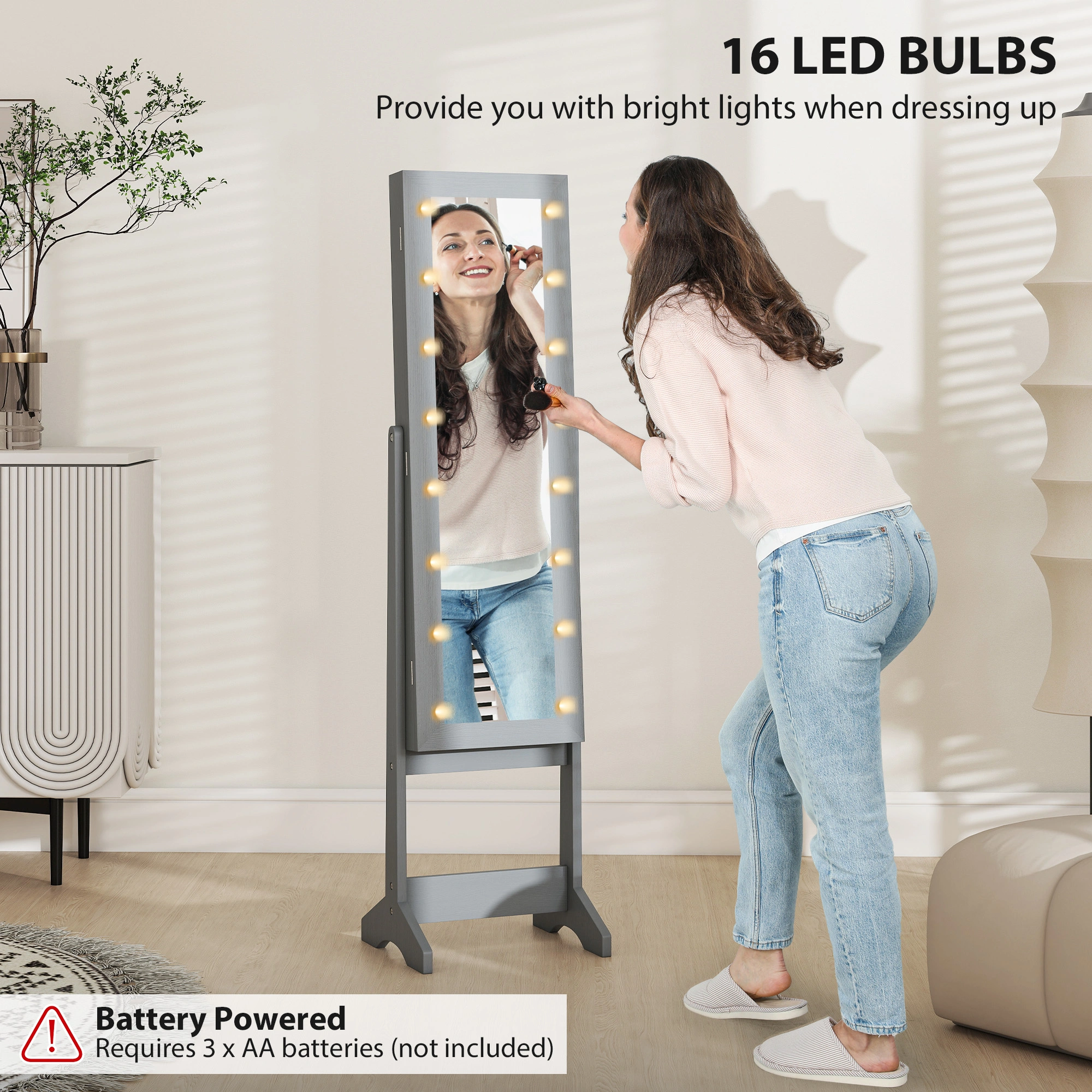 Freestanding Mirrored Jewellery Storage Cabinet - Tall Armoire Wardrobe with Mirror Doors, LED Lights & Necklace Hooks view 4