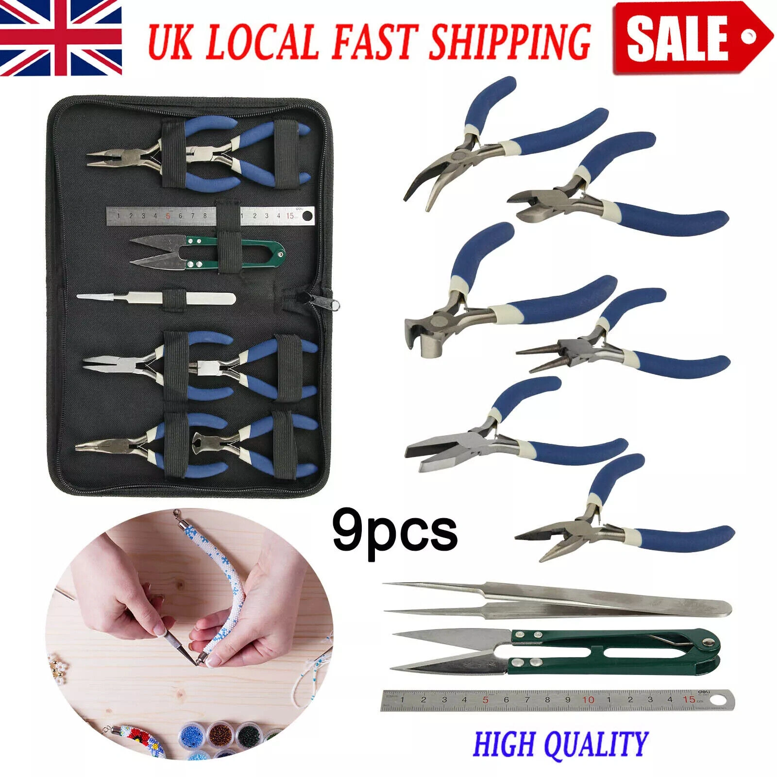 9pc Jewellery Making Tools Set, Beads Pliers, Wire Cutters & Craft Findings Kit, Jewelry Repair Tool Set view 2
