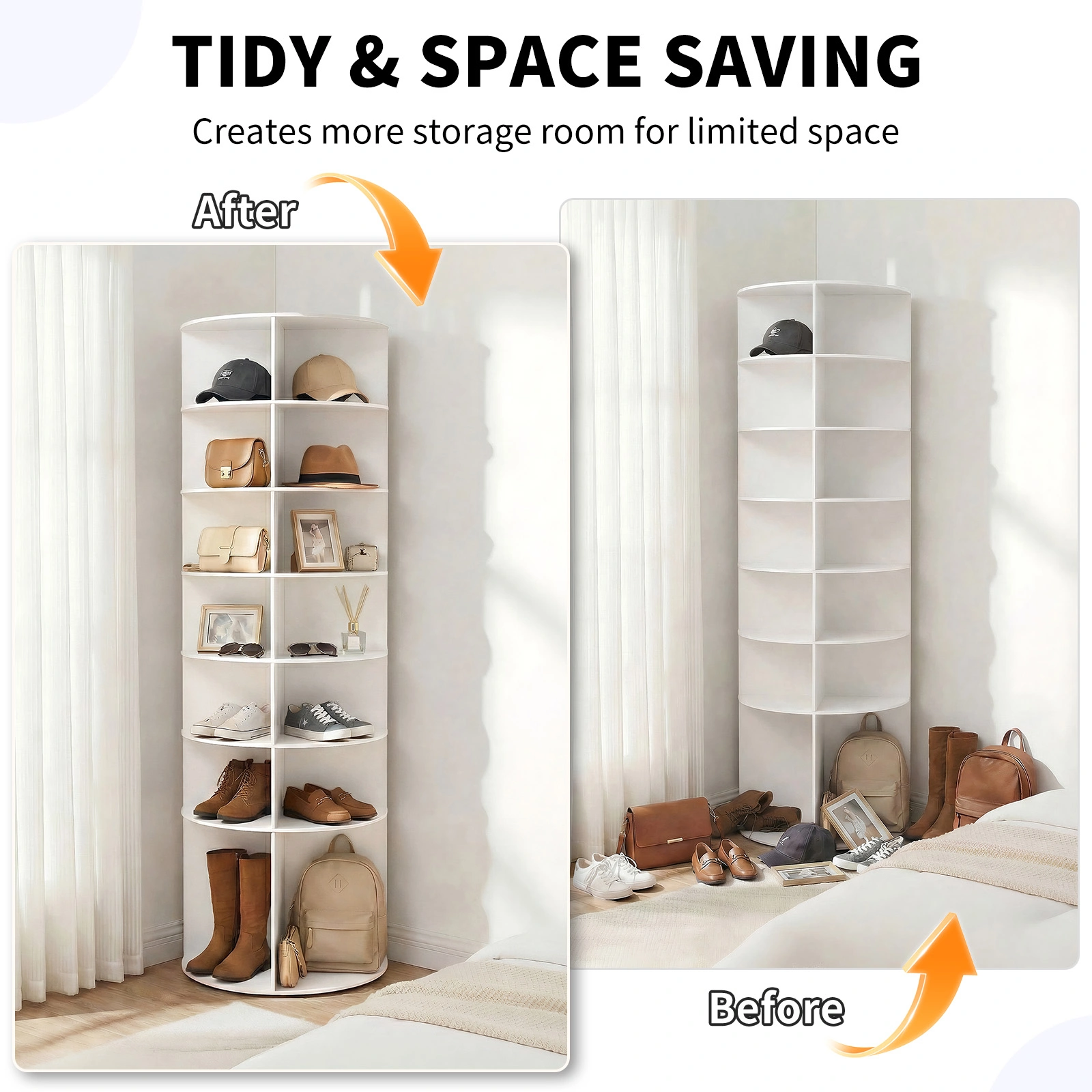 7-tier, 360° rotating wood-plastic composite shoe rack, 60*60*184cm, white view 10