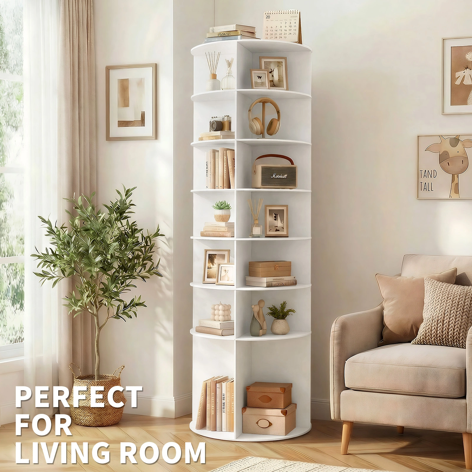 7-tier, 360° rotating wood-plastic composite shoe rack, 60*60*184cm, white view 12
