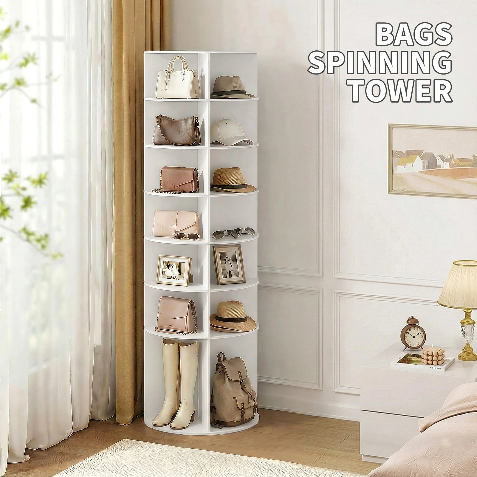 7-tier, 360° rotating wood-plastic composite shoe rack, 60*60*184cm, white view 13