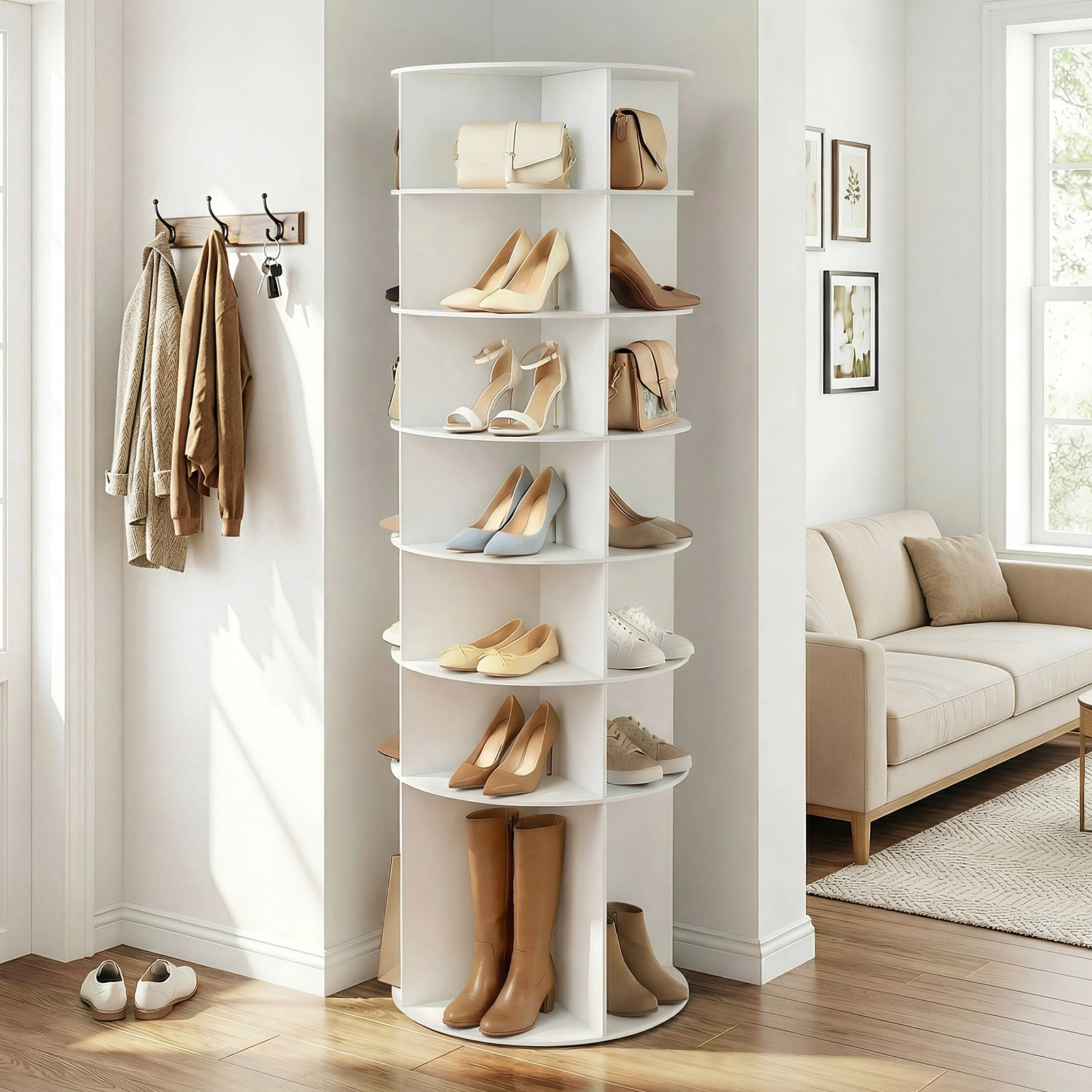 7-tier, 360° rotating wood-plastic composite shoe rack, 60*60*184cm, white view 14