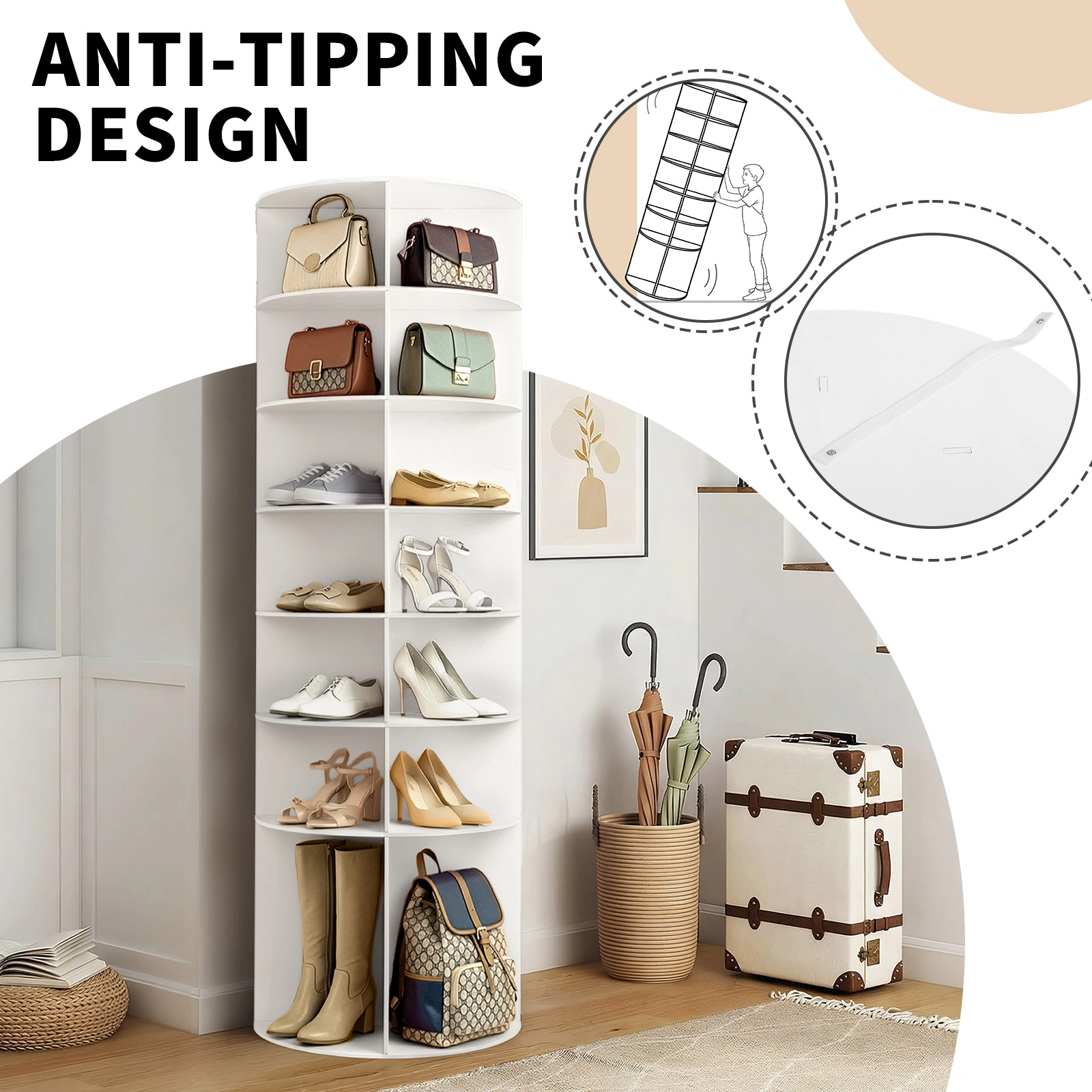 7-tier, 360° rotating wood-plastic composite shoe rack, 60*60*184cm, white view 15