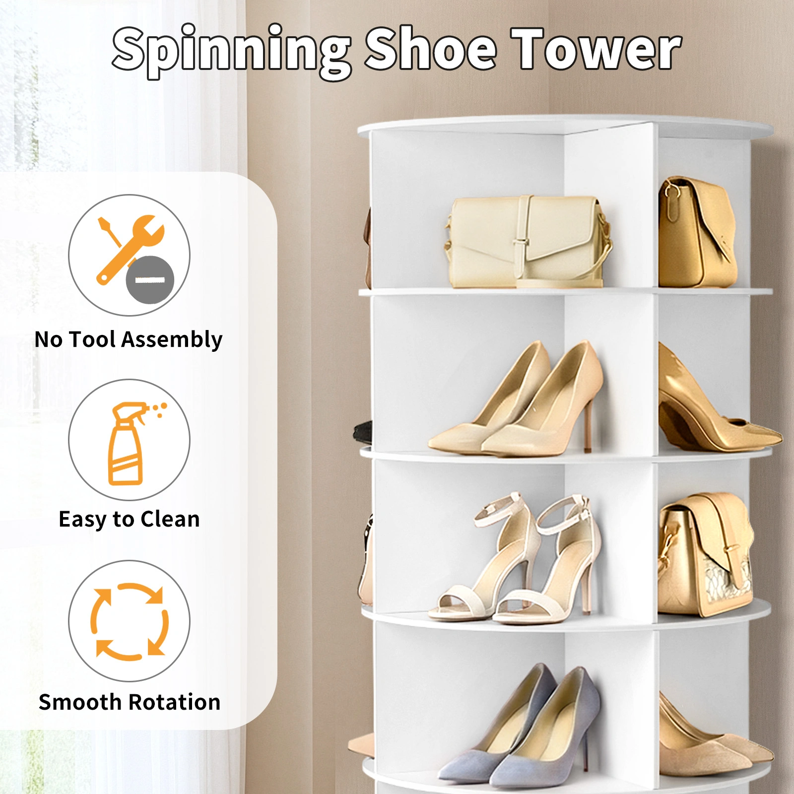 7-tier, 360° rotating wood-plastic composite shoe rack, 60*60*184cm, white view 5