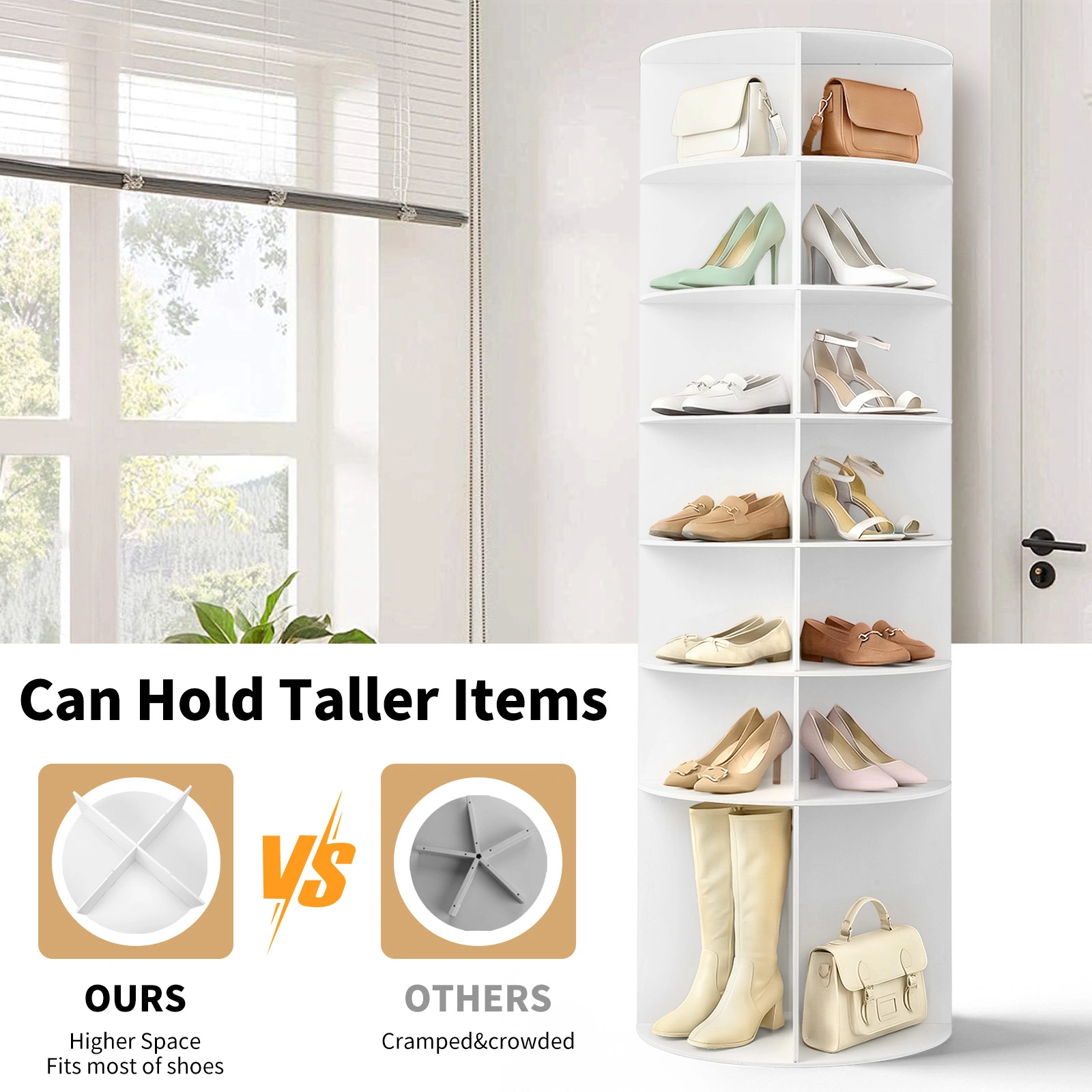 7-tier, 360° rotating wood-plastic composite shoe rack, 60*60*184cm, white view 7