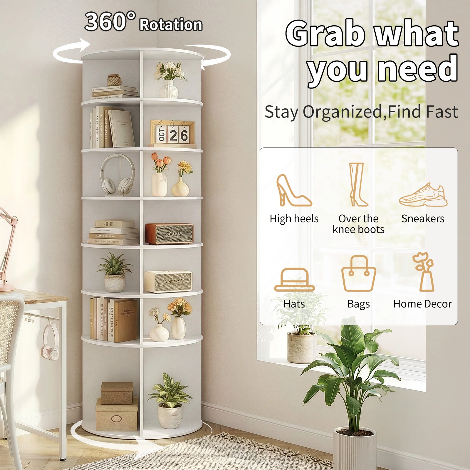 7-tier, 360° rotating wood-plastic composite shoe rack, 60*60*184cm, white view 8