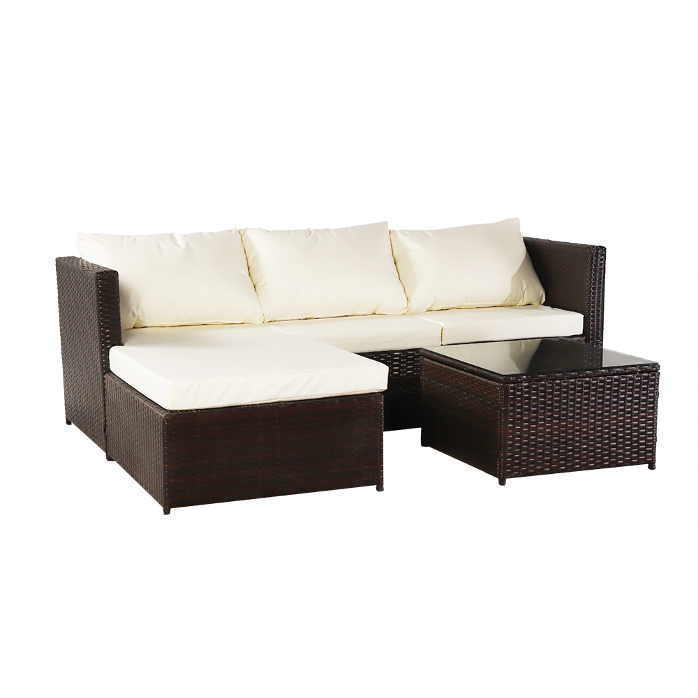 Brown Outdoor Sofa Set 3 Piece, Conjoined Sofa with Footrest Coffee Table Ottoman, 2-Box Storage, Garden Patio Furniture