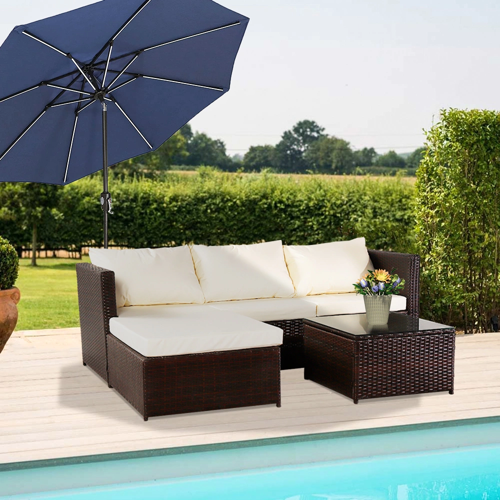 Brown Outdoor Sofa Set 3 Piece, Conjoined Sofa with Footrest Coffee Table Ottoman, 2-Box Storage, Garden Patio Furniture view 3