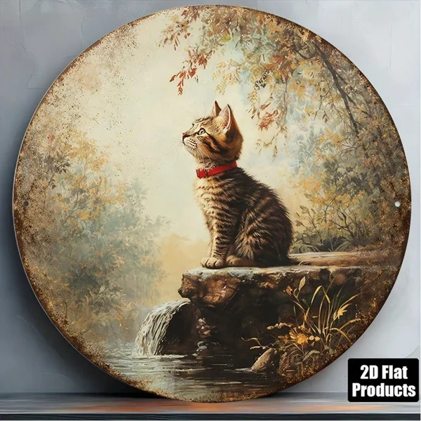 CIFbuy Vintage Tabby Cat Wall Art, "" Tabby Cat Wall Art, Wall Art, Round Kitten Plaque with Waterfall Stream(TikTok, Temu Self-pickup Logireics)