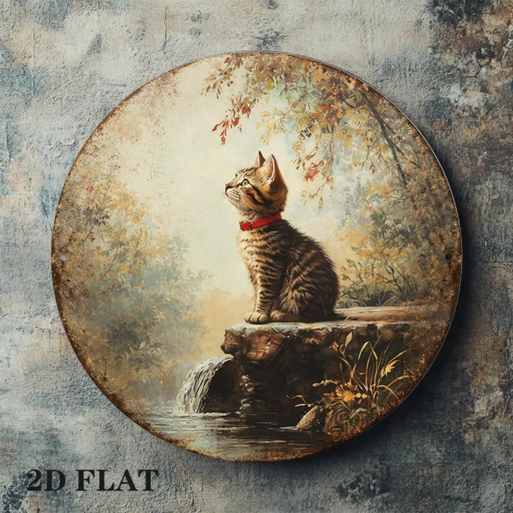 CIFbuy Vintage Tabby Cat Wall Art, "" Tabby Cat Wall Art, Wall Art, Round Kitten Plaque with Waterfall Stream(TikTok, Temu Self-pickup Logireics) view 6