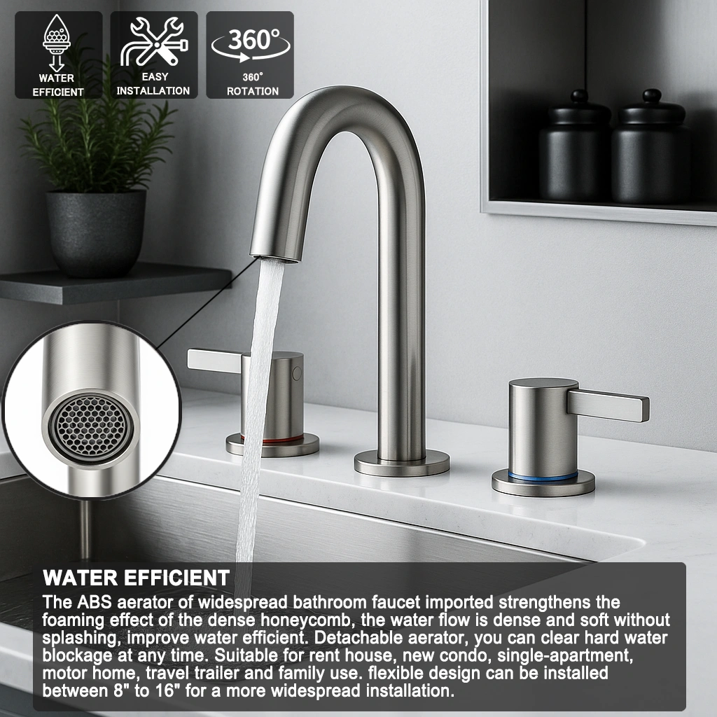 8-Inch Widespread Lavatory Faucet, 2-Handle 3-Hole with 360° Spout Vanity and Pop-Up Drain, Brushed Nickel[Unable ship on weekends, TK/TEMU only for pickup, only TX10643 warehouse supports GOFO] view 11