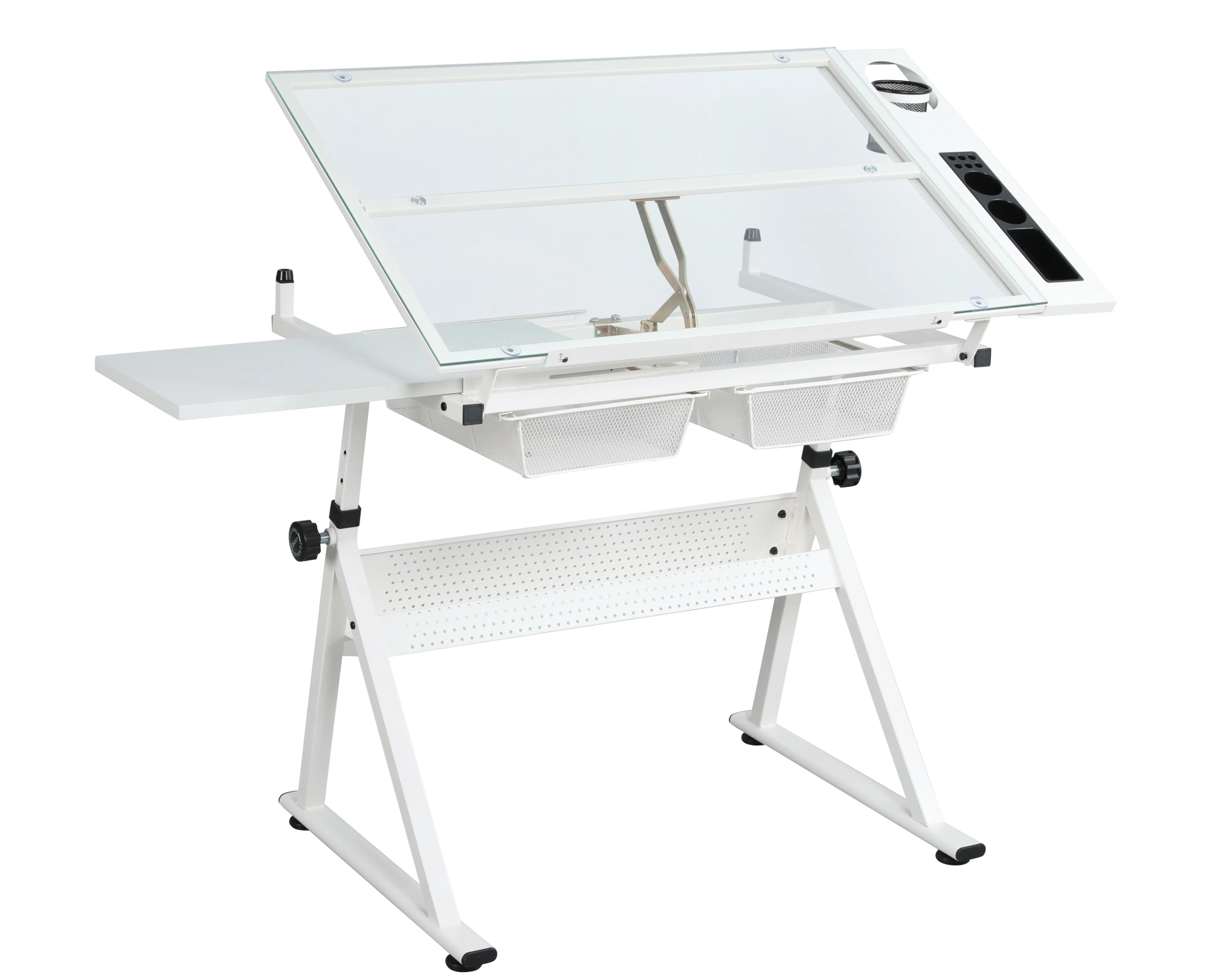 White Adjustable Height Tempered Glass Drafting Table with Swivel Chair, Printing Drawing Art Desk view 12