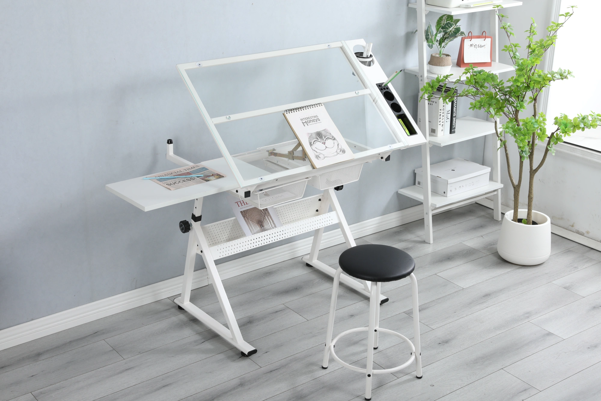 White Adjustable Height Tempered Glass Drafting Table with Swivel Chair, Printing Drawing Art Desk view 14