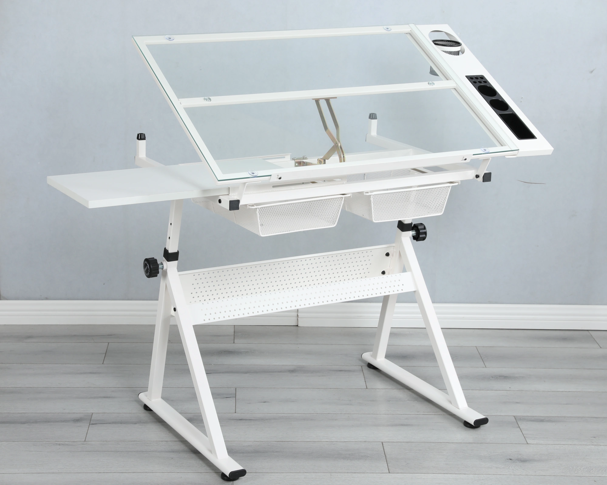 White Adjustable Height Tempered Glass Drafting Table with Swivel Chair, Printing Drawing Art Desk view 15