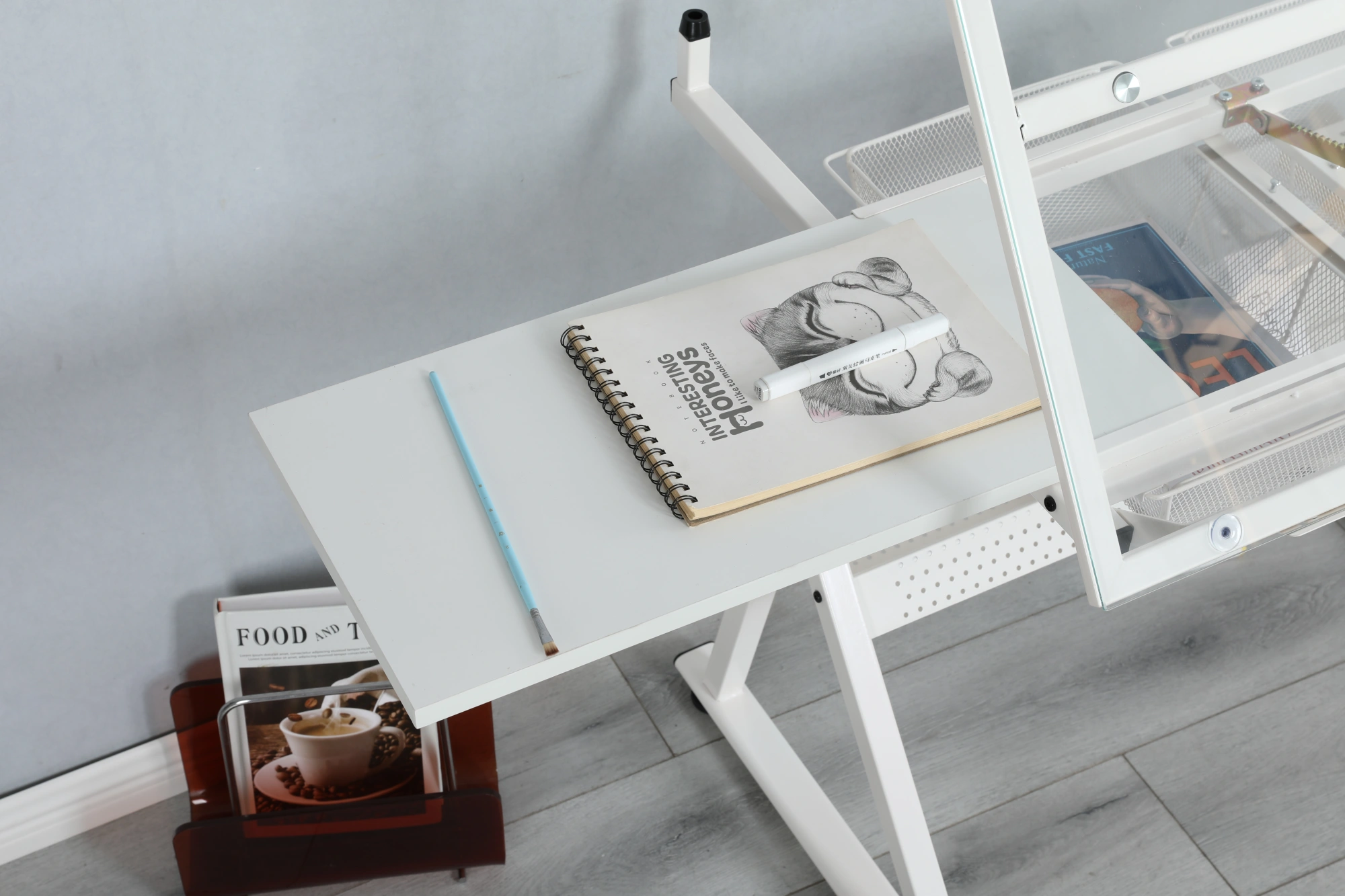 White Adjustable Height Tempered Glass Drafting Table with Swivel Chair, Printing Drawing Art Desk view 19